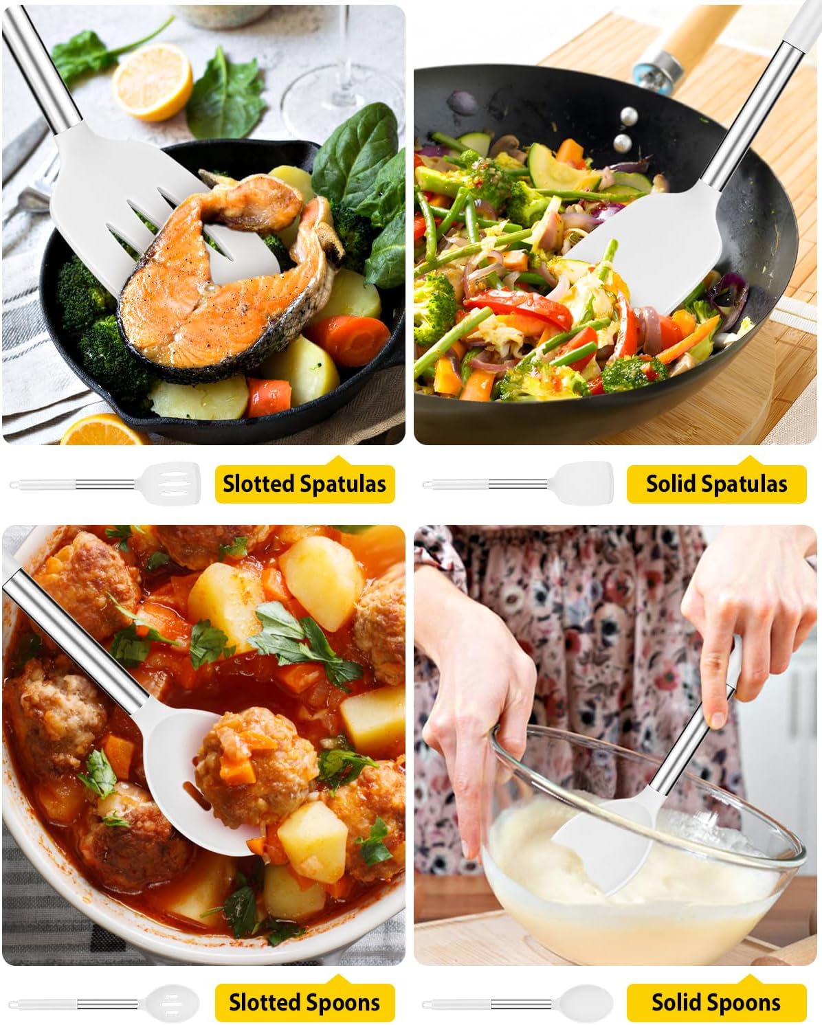 Pack of 4 Silicone Cooking Utensils Set, Non Stick Large Solid Spatulas, Heat Resistant Slotted Spoons, Ideal BPA Free Kitchen Turners for Frying, Mixing,Serving,Draining,Turning,Stirring (WHITE)