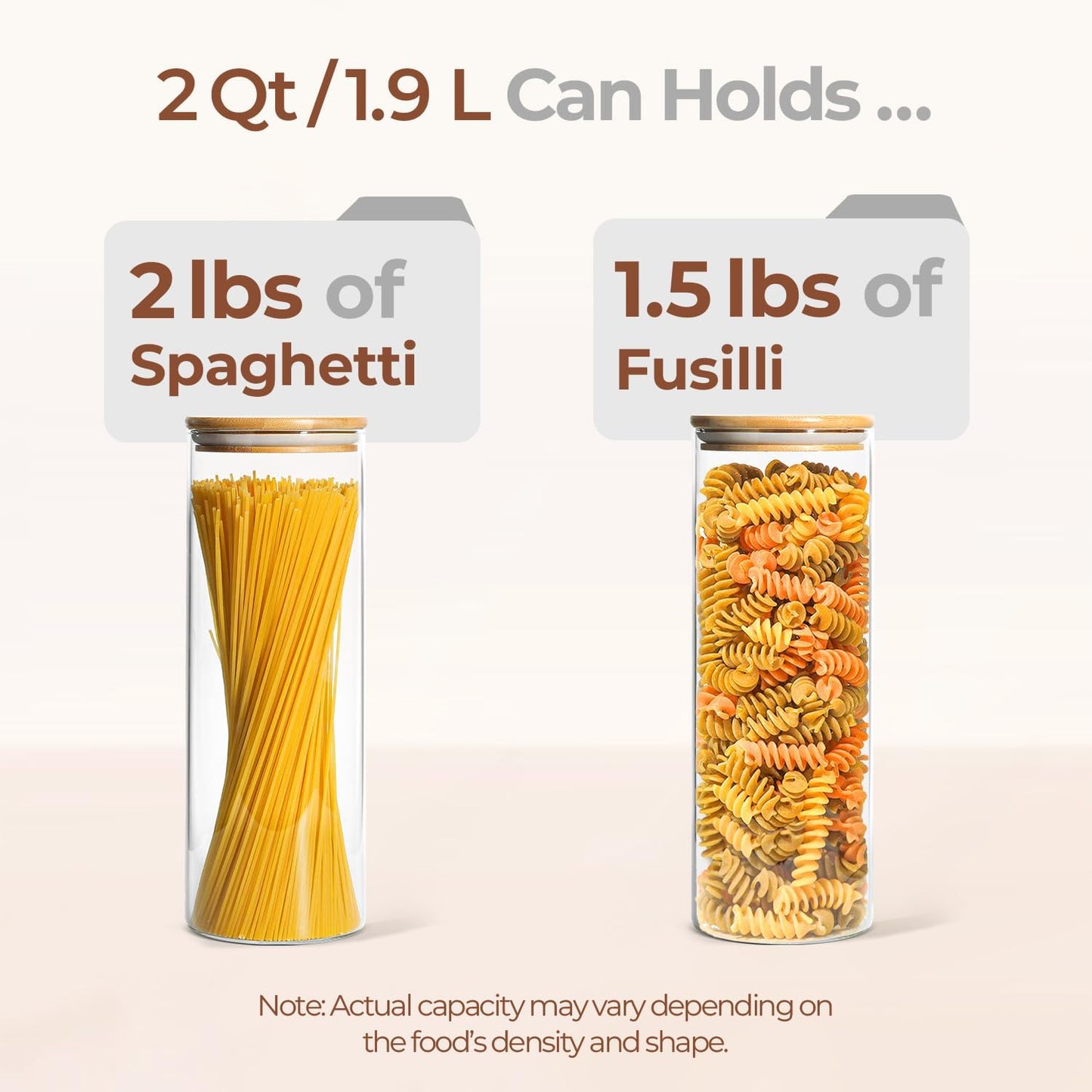 ComSaf Glass Spaghetti Pasta Storage Container with Lids 2 Qt Set of 3, Tall Clear Airtight Food Storage Jar with Wood Cover Kitchen Pantry Storage Container for Noodles Flour Cereal Coffee Beans