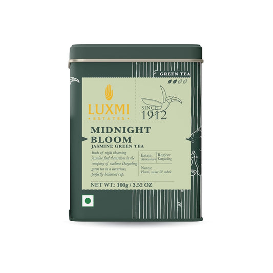 Luxmi Estates, Midnight Bloom, Organic Jasmine Tea (Loose Leaf 100g) Jasmine and Darjeeling Green Tea for Energy with no Jitters, Natural Aid Relieve Stress, Improved Mental Clarity and Immunity