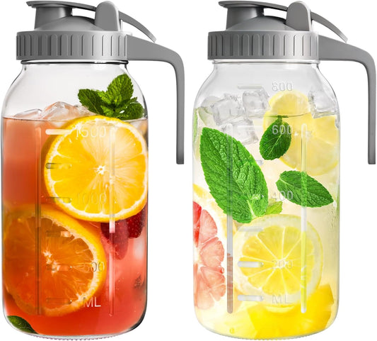 | 2 Pack | 64oz | Glass Pitcher with Lid Wide Mouth, 2 Quart (1.9 Liter) Mason Jar Pitcher with Lid and Spout, Leakproof Water Jug for Water, Juice, Tea, Iced Coffee, Milk Storage, Grey