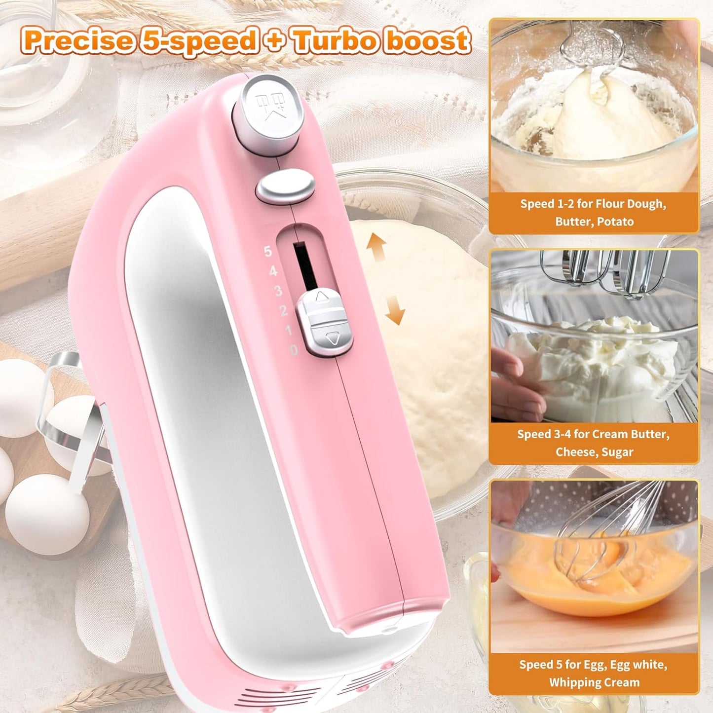 Hand Mixer Electric, 5-Speed Powerful 400W Motor, Hand Mixer Electric Handheld, Handheld Mixer with Turbo Boost & Storage Case, 2x Flat Beaters, 2x Dough Hooks, 1x Whisk for Baking (Pink)