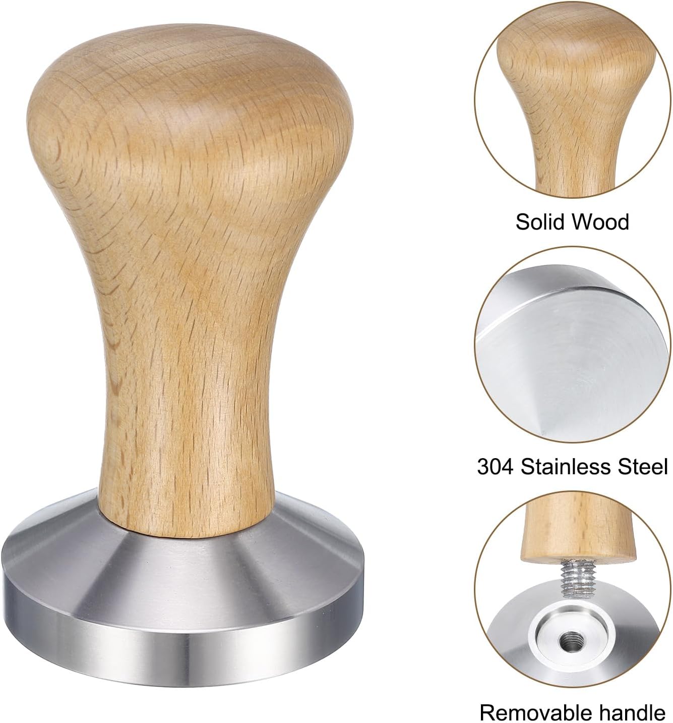 uxcell 51mm Espresso Tamper, Stainless Steel Press Tool Tamper with Wooden Handle, Espresso Accessories for Baristas, Home, Shops, Cafe (Flat Base, Light Wooden)