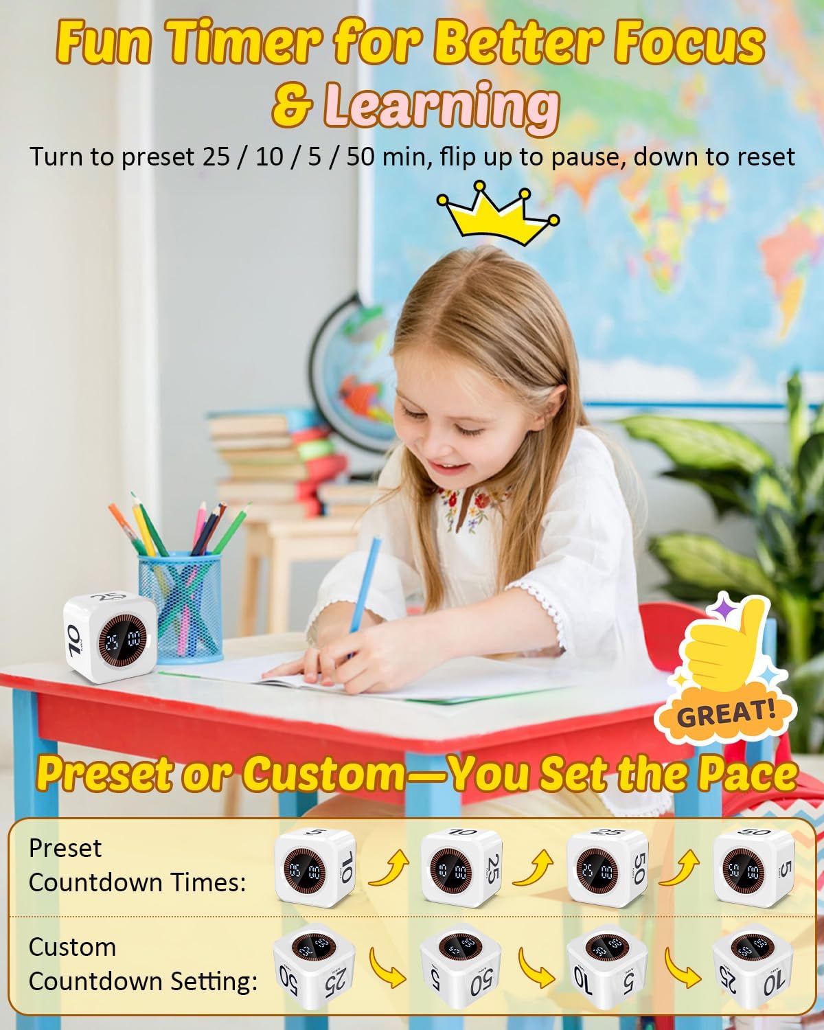 Pomodoro Timer Cube Visual Productivity Flip Timer for Kids Classroom Desk, 5/10/25/50min& Custom Countdown, Silent&Sound Mode Digital Cube for ADHD Study Work School Game Kitchen (White)