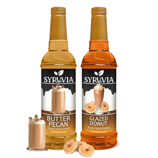 Syruvia Glazed Donut & Butter Pecan Coffee Syrup - 25.4 fl oz Premium Coffee Flavoring Syrup. No Coloring, Kosher, and Gluten-Free. Perfect for Drinks, Sodas, Shakes, Desserts, & More.