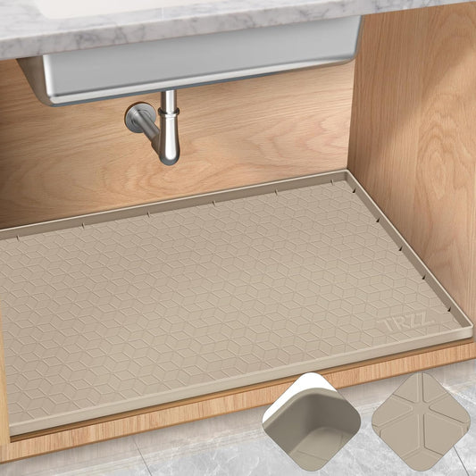 TRZZ Silicone Waterproof Under Sink Mat 22" x 19", Drip Tray and Cabinet Liner for Kitchen and Bathroom, Prevents Water Damage and Organizes Cabinets (Khaki)