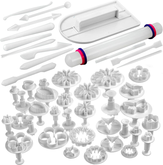 Bakerpan Fondant Tools Set, 47 Pcs Fondant Cake Decorating Supplies, Rolling Pin for Fondant, Gumpaste, Sugar Paste, Fondant Roller, Smoother, Fondant Cutters