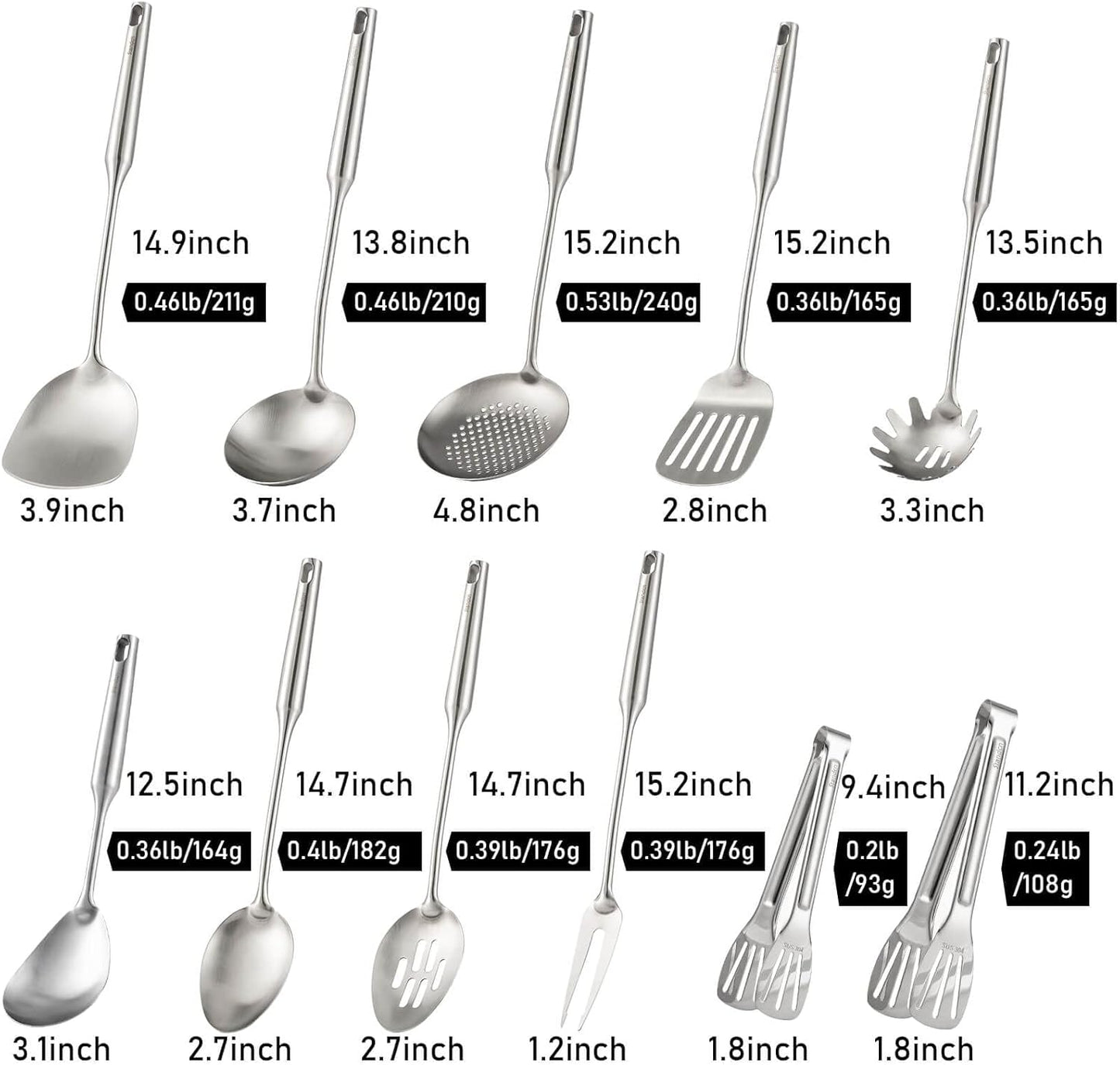 18/10 Stainless Steel Kitchen Utensils Set - 15” All Metal Cooking Tools, 11PCS - 2 Tongs, Fork, Solid Spoon, Slotted Spoon, Spatula, Soup Ladle, Skimmer, Slotted Spatula, Spaghetti Spoon, Large Spoon