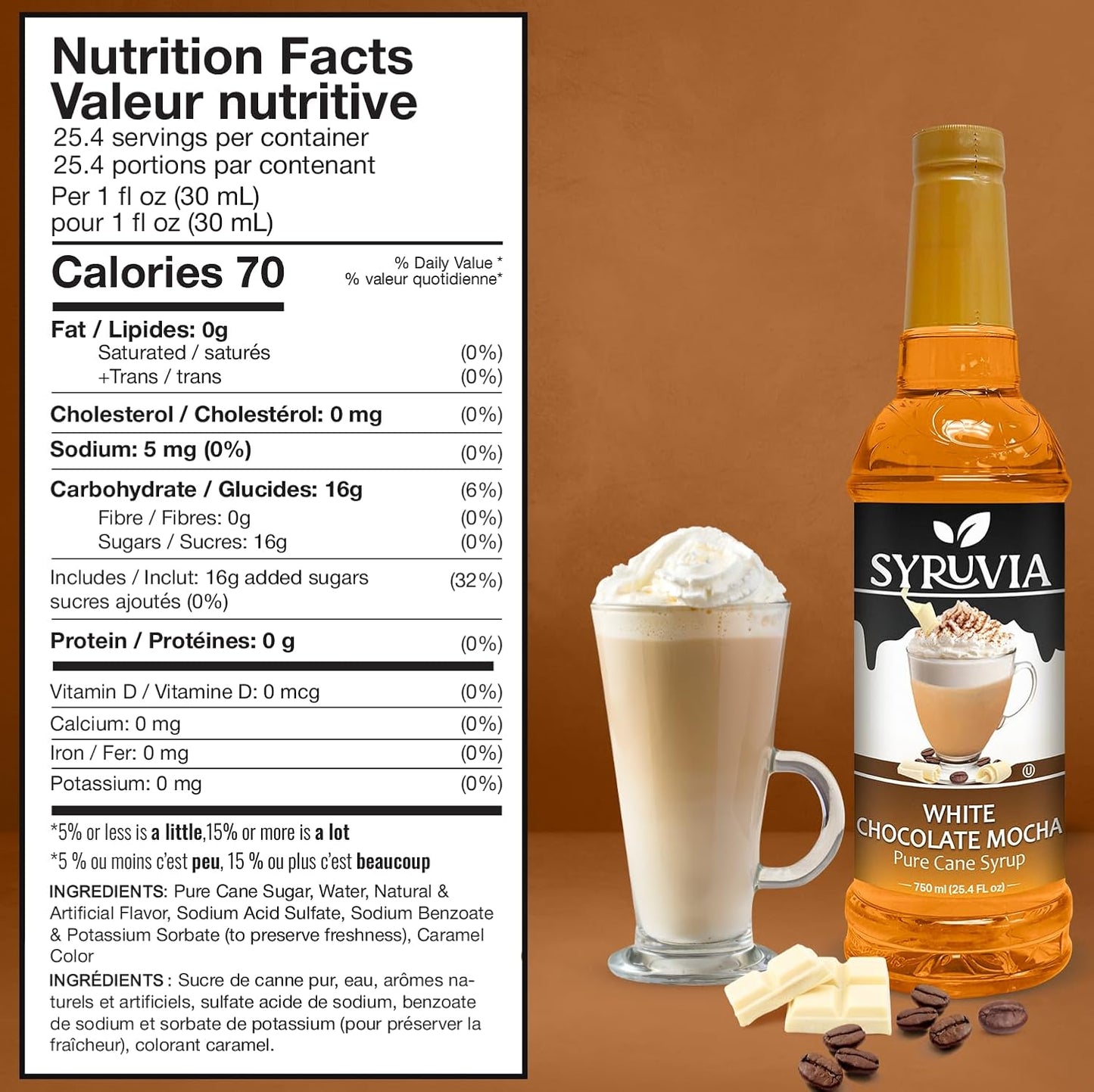 Syruvia White Chocolate Mocha Syrup For Coffee 25.4 Oz. - Kosher & Gluten Free, No Coloring, Perfect for Drinks, Soda, Shakes, Desserts, and More.