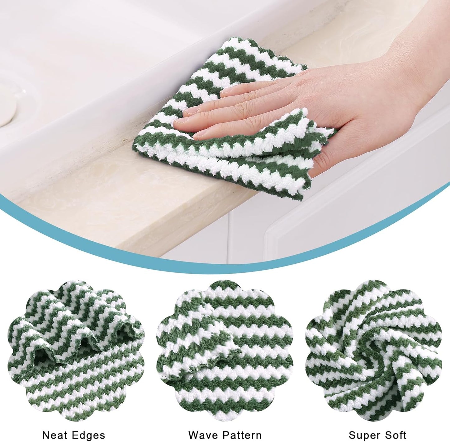 Homaxy 12 Pack Kitchen Dish Cloths, Ultra Soft and Absorbent Dish Towels, Reusable Fast Drying Microfiber Cleaning Cloth, Coral Velvet Wave Design No-lint, 10 x 10 inches, Grass Green