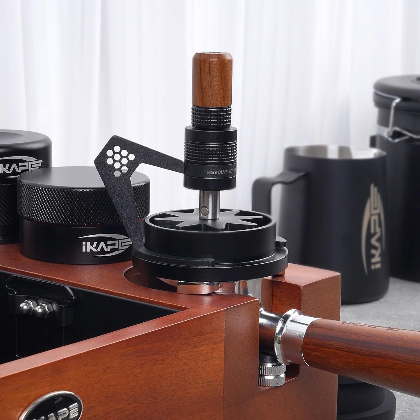 IKAPE Mantis WDT Distribution Tool with Clean Brush, V3-54mm Espresso Stirrer for Barista - 8 Needle Espresso Stirrer with Dosing Funnel & Stand, Adjustable Needle Height, Walnut Handle