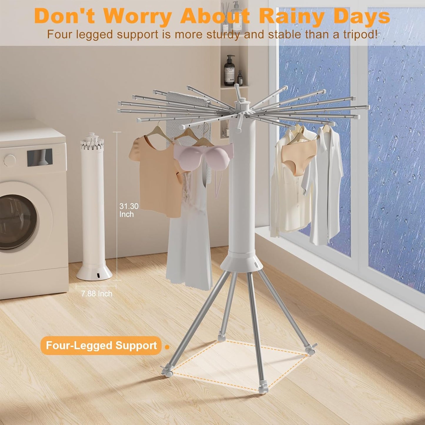 Four-Legged Clothes Drying Rack, Portable and Foldable Space Saving Laundry Drying Rack, Outdoor Folding Dry Rack with 4 Pulleys & 16 Poles, Collapsible Aluminum Indoor Dry Rack for Balcony, Poolside
