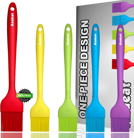 Anaeat High Heat Resistant Silicone Basting Pastry Brush Set of 5- Hygienic One-Pieces Design Spread Oil Butter for BBQ Grill Barbecue Baking Kitchen Cooking - BPA Free & Dishwasher Safe (10"+8.2")
