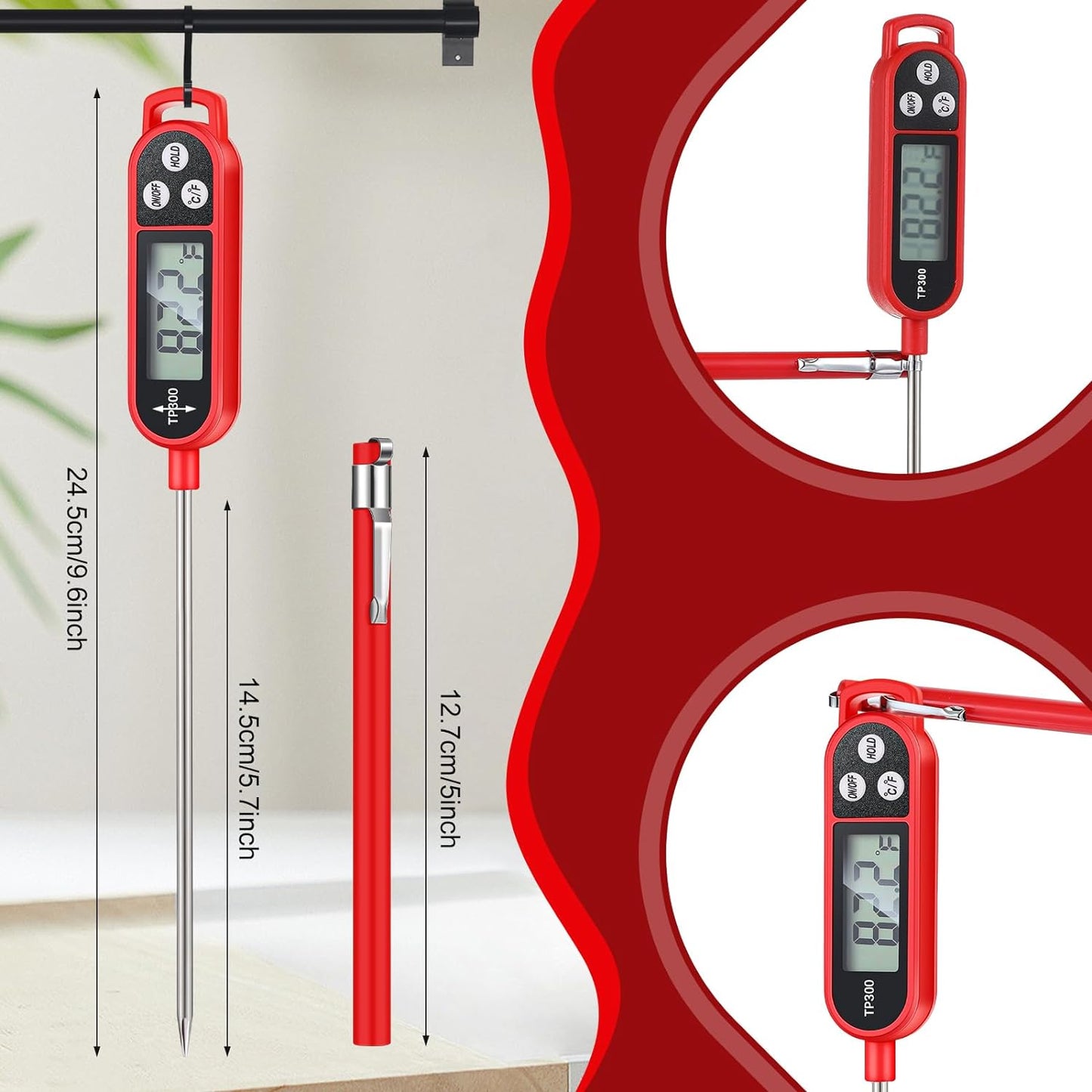 12 Pcs Meat Food Thermometer Food with Probe Water Liquid Instant Read Digital Thermometer Kitchen Cooking Supplies for Cooking BBQ Milk Yogurt (Red)