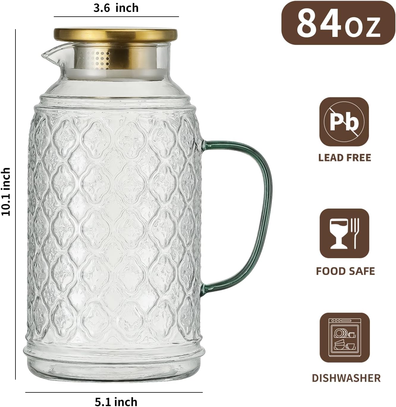Glass Pitcher with Lid,84 oz/2.5 Liter Vintage Water Pitcher, Clear Borosilicate Glass Water Carafe for Cold Brew, Coffee, Lemonade, Iced Tea, Juice, Beverage, Heat Resistant Water Glass Jug
