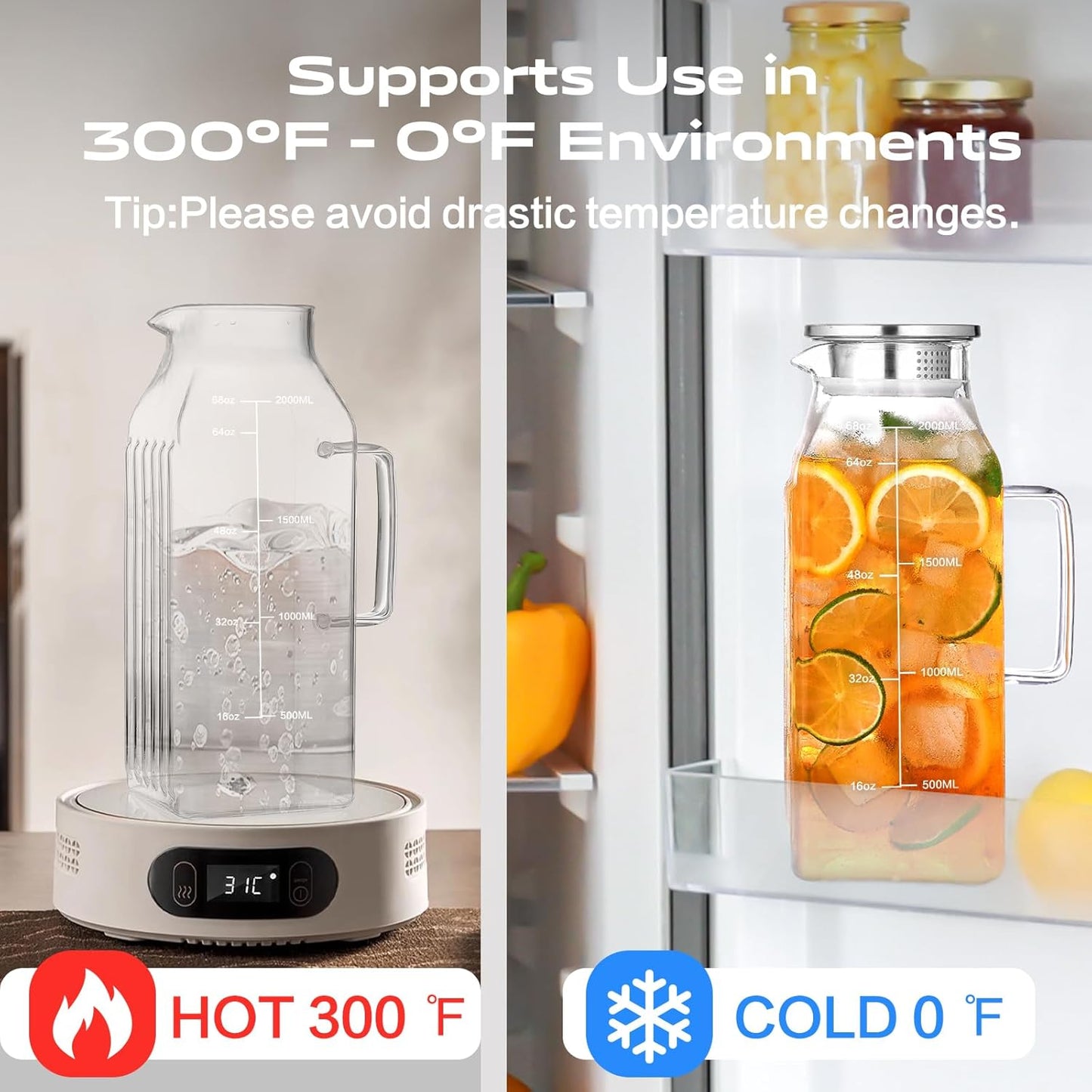 Aofmee 68oz Glass Pitcher for Bridge Door, 2 Liter Square Water Pitcher with Lid and Scale Line, Heat Resistant Tea Pitchers, Leak Proof Juice Jug, Borosilicate Glass Carafe for Hot/Cold Beverage