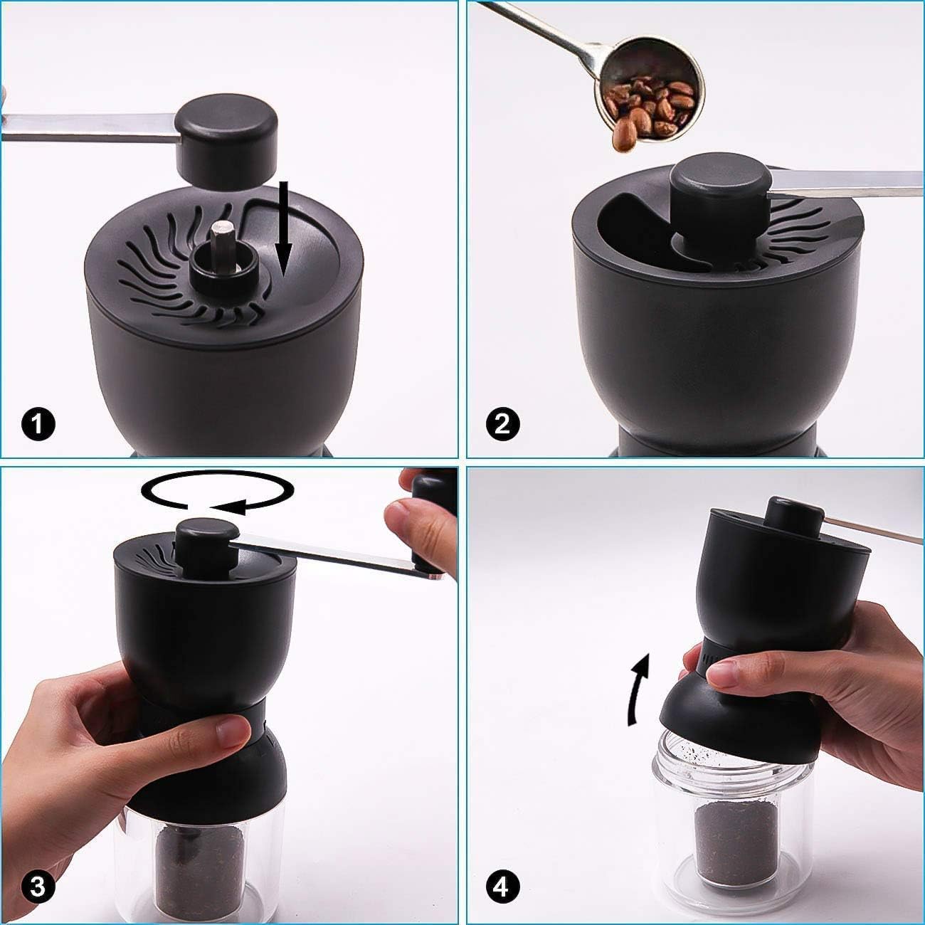 LHS Manual Coffee Grinder with Ceramic Burrs, Hand Coffee Bean Grinder with 2 Containers Adjustable Coarseness for Home, Office and Travelling