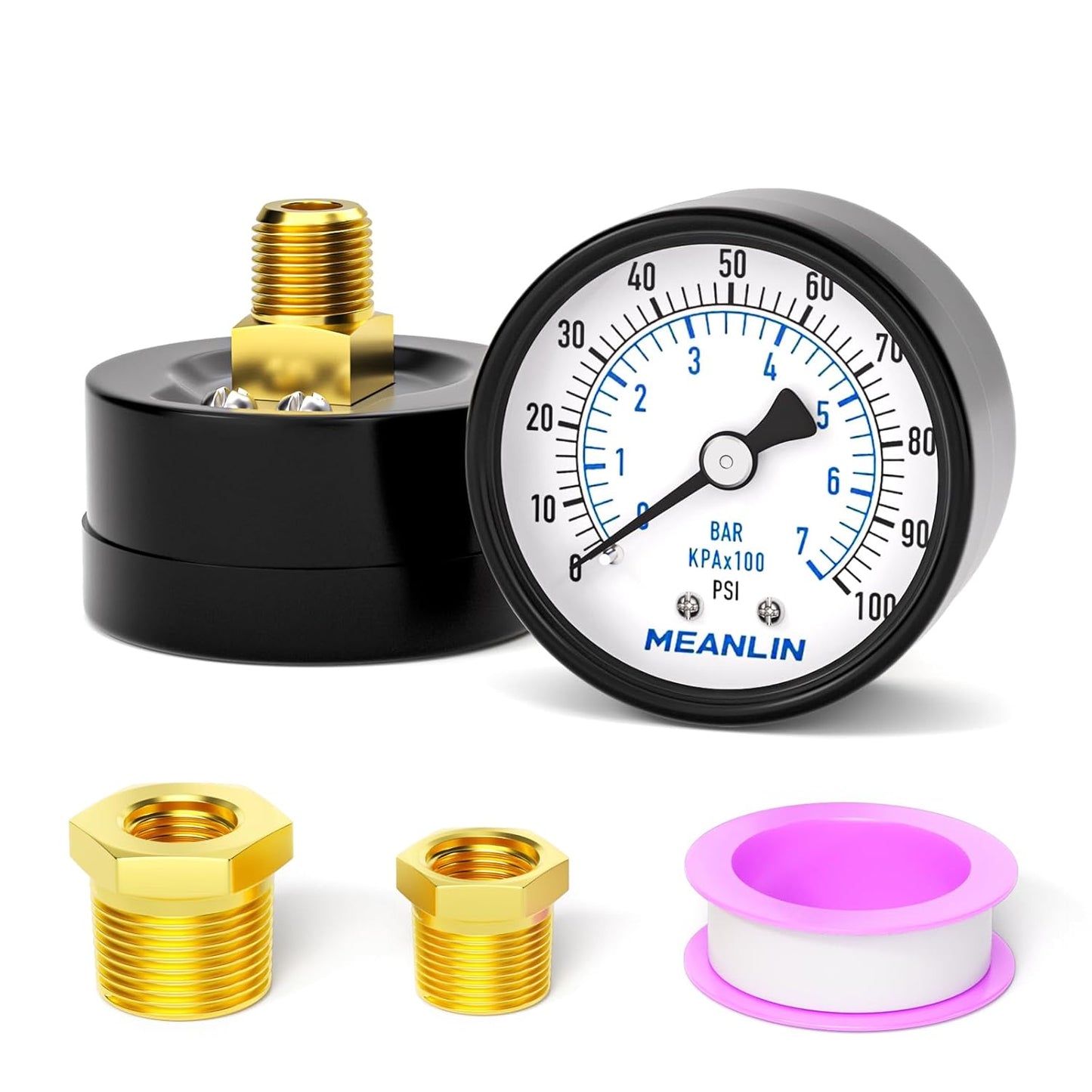 MEANLIN MEASURE 0-100Psi 2" DIAL FACE 1/4" NPT Well Pump Pressure Gauge, with 1/2" NPT and 3/8" NPT Hex Bushing, 3-2-3% Accuracy, Center Back Mount