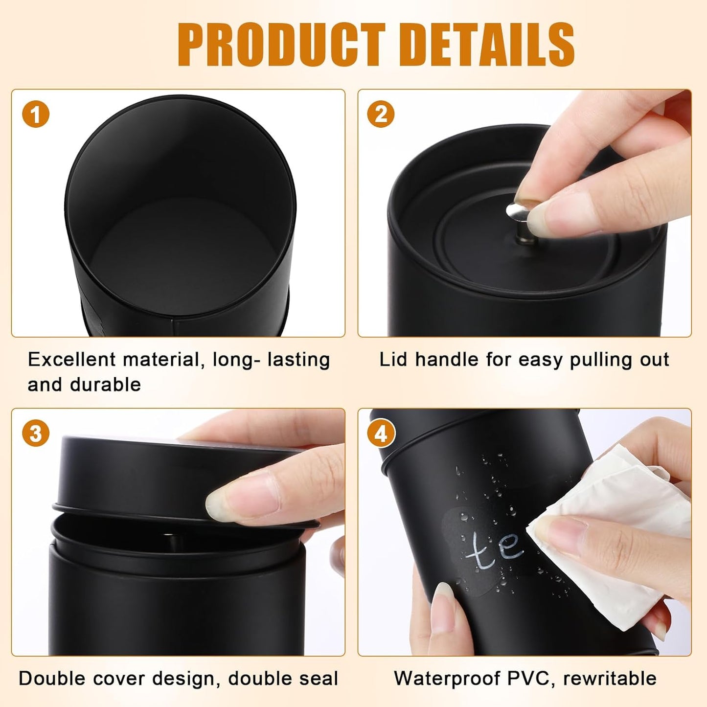 Tanlade 3 Pcs Tea Tin Canister Metal Round Can with Airtight Lid Double Sealed Tea Tin Canisters, with 1 Erasable Chalk Marker and 16 Stickers for Loose Leaf Coffee Sugar, 16 oz