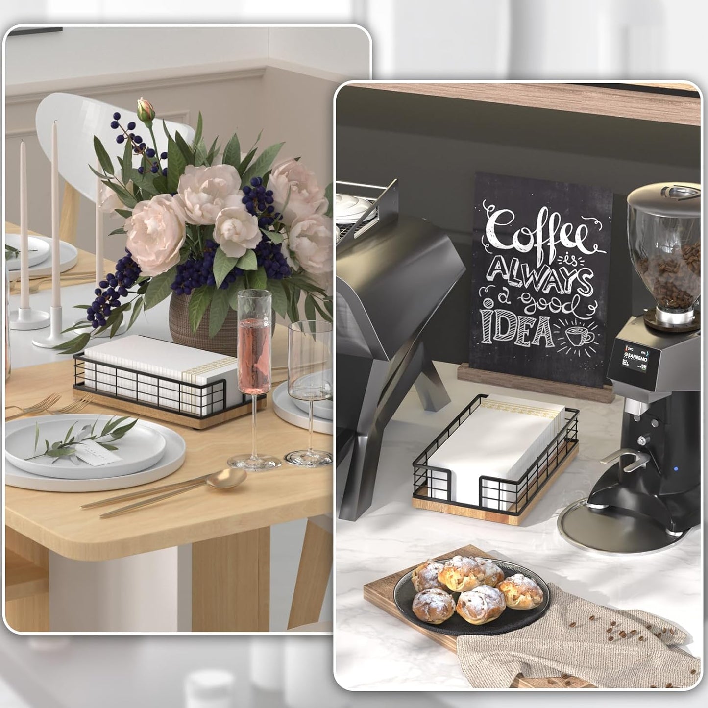 Wican Guest Towel Holder Tray for Bathroom, Acacia and Iron Napkins Holder for Powder Room Dinning Table Wooden Basket for Disposable Paper Hand Towels Black and Acacia