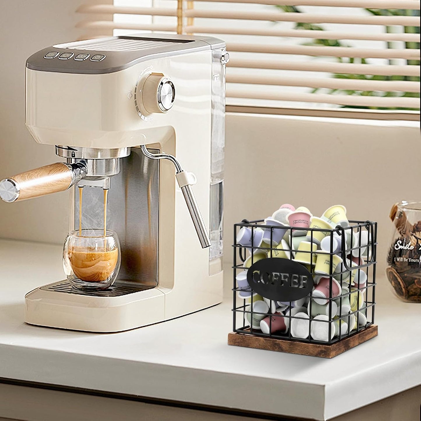 Coffee Pod Holder Organizer,Large Capacity K Cup Holder Organizer, Storage Basket for Kitchen Countertop Office Coffee Bar with Wooden Base(Rustic Brown-Square)