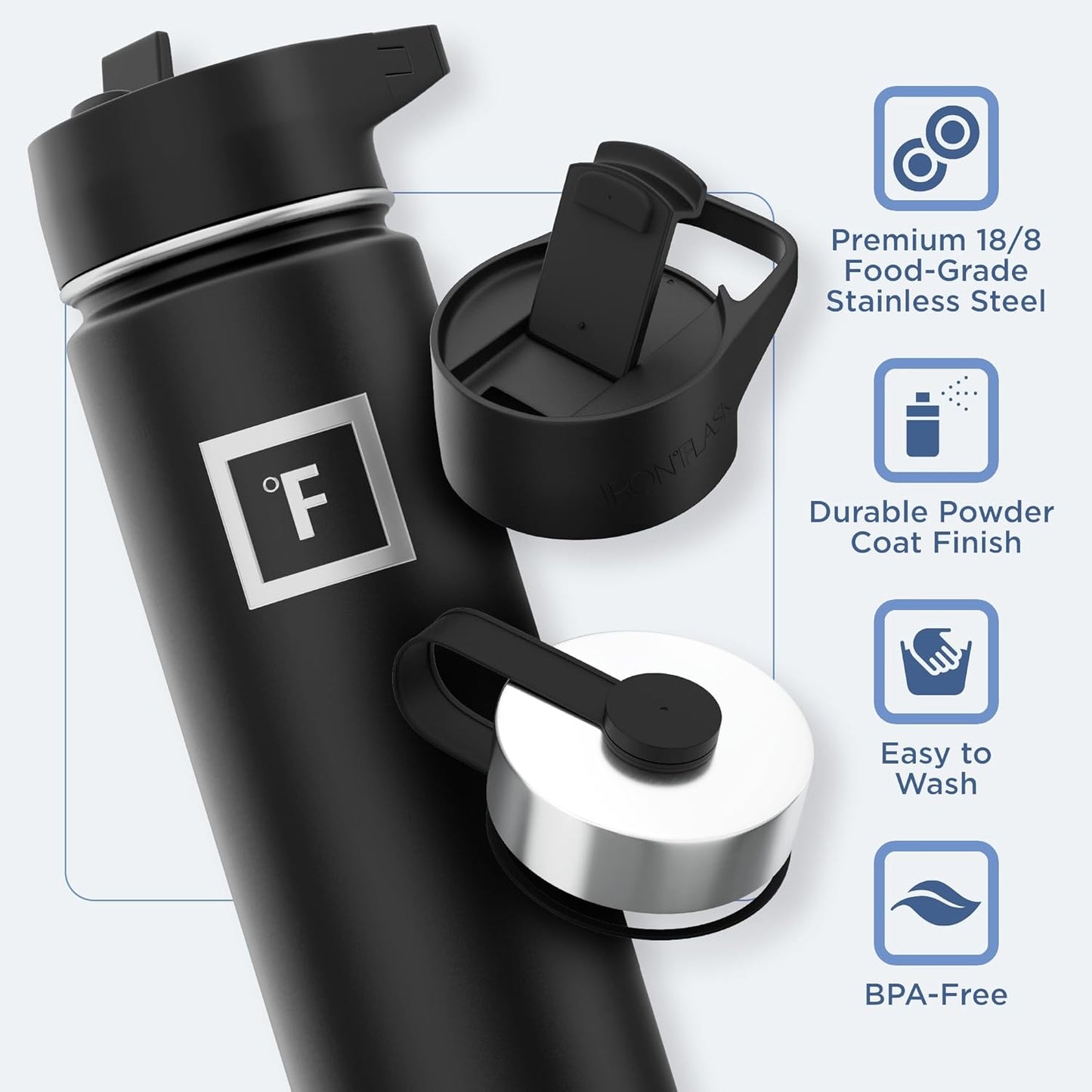 IRON °FLASK Camping & Hiking Hydration Flask with 3 Lids - Stainless Steel, Double Walled & Vacuum Insulated Water Bottle - Leak Proof & BPA Free (Aurora, Straw - 22 oz)