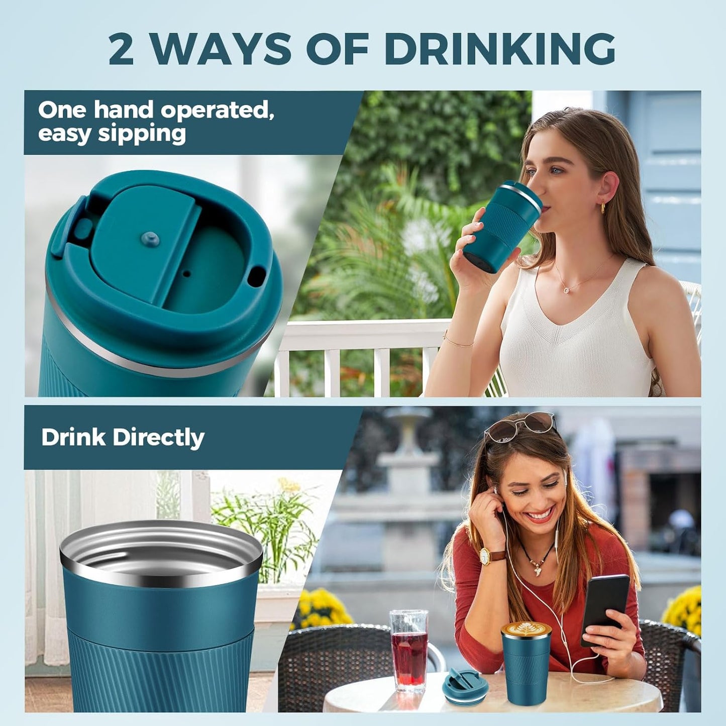 Volhoply 13 oz Stainless Steel Insulated Travel Coffee Mug with Fip Lid Bulk 4 Pack,Reusable Double Wall Vacuum Metal Coffee Cup,Portable Leak Proof Thermal Tumbler for Hot & Cold Drinks(Bule,4)