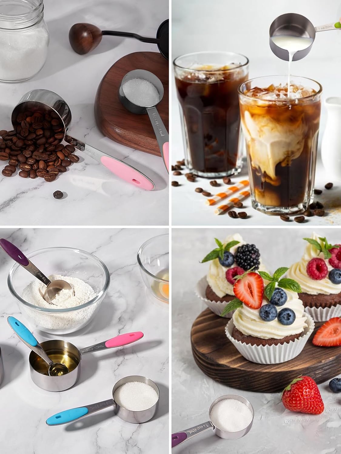 Joyhill Stainless Steel Measuring Cups and Spoons Set of 10 Piece, Nesting Metal Measuring Cups Set with Soft Touch Silicone Handles for Dry and Liquid Ingredients, Cooking & Baking (Pink)