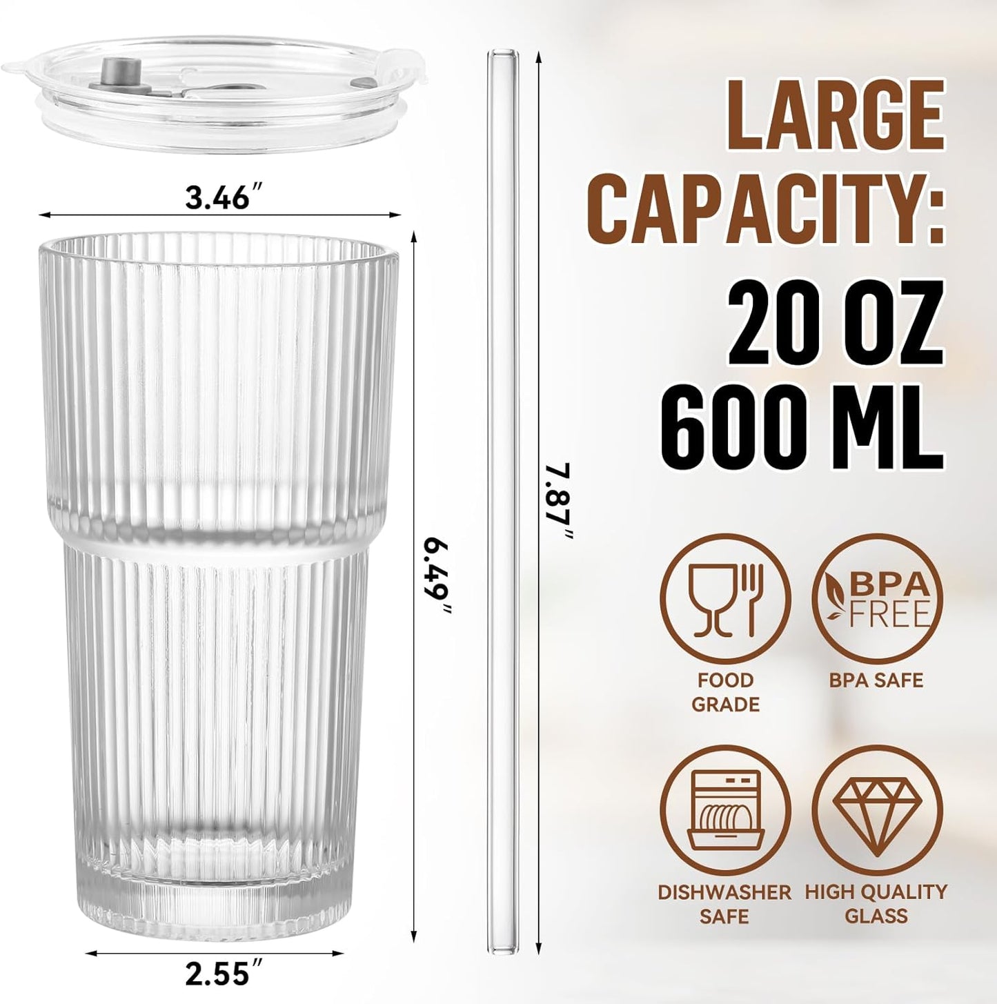 20 oz Glass Cup with Lid and Straw, Glass Tumbler with Straw and Lid, Vintage Glassware for Whiskey Cocktail Beer, Iced Coffee Cups with Lid (3 PACK)