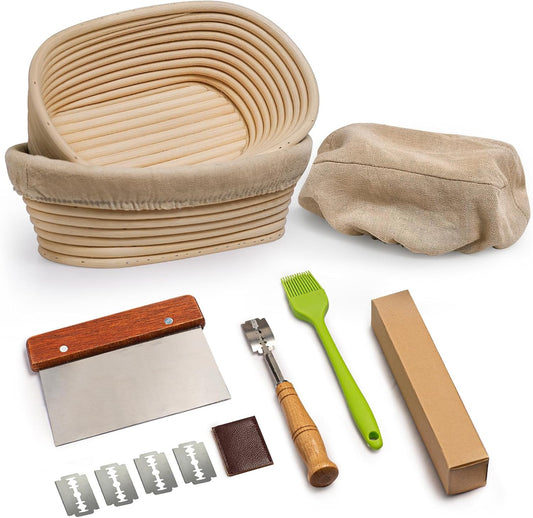 Rorecay Banneton Bread Proofing Baskets Set of 2, 10 Inch Oval Cane Sourdough Bread Rising Basket Bowls with Sourdough Bread Lame Dough Scraper Basting Brush for Sour Dough Proofing Fermentation