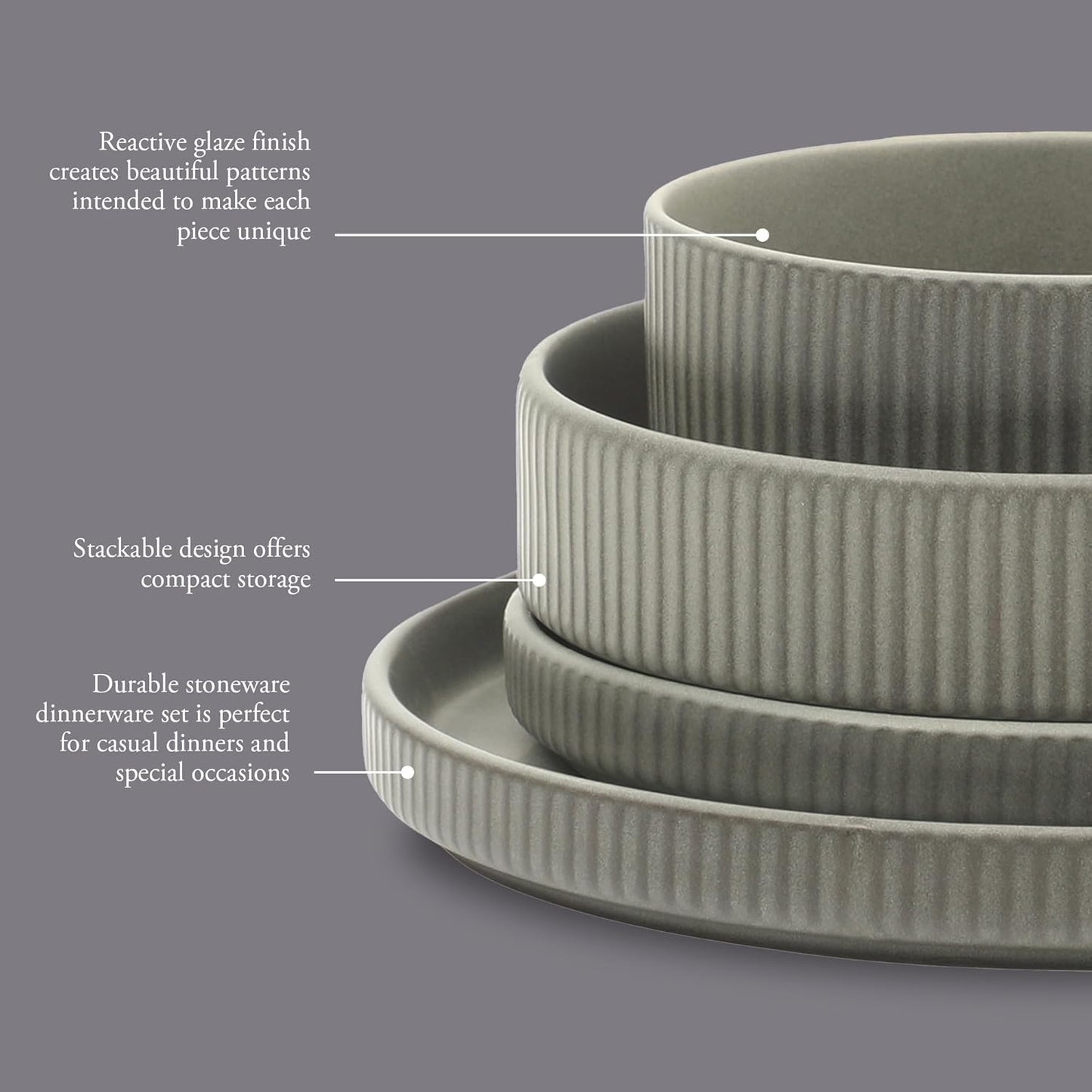 Gibson Elite Deerfield 16-Piece Stoneware Dinnerware Set – Soft Grey Reactive Glaze, Stackable Plates and Bowls, Service for 4 – Microwave & Dishwasher Safe