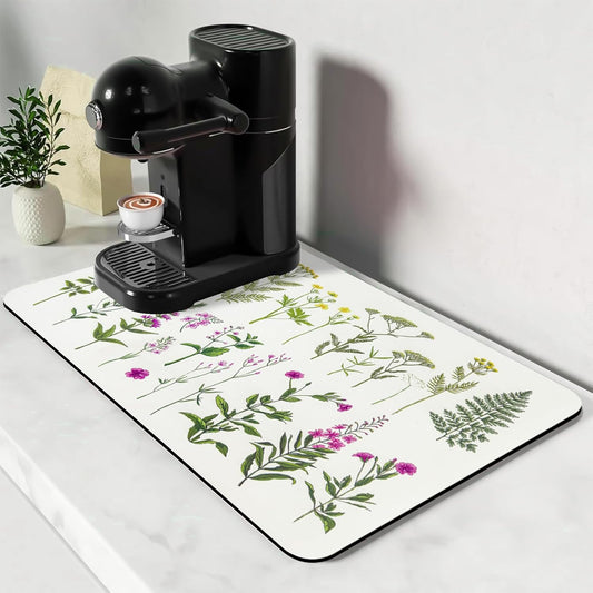 Bloss Dish Drying Mat, Multiple Usage Coffee Bar Mat, Kitchen Counter Mat, Absorbent Hide Stain Rubber Backed Dish Drying Pad(16.1"x24.1", 2-Row Flower)