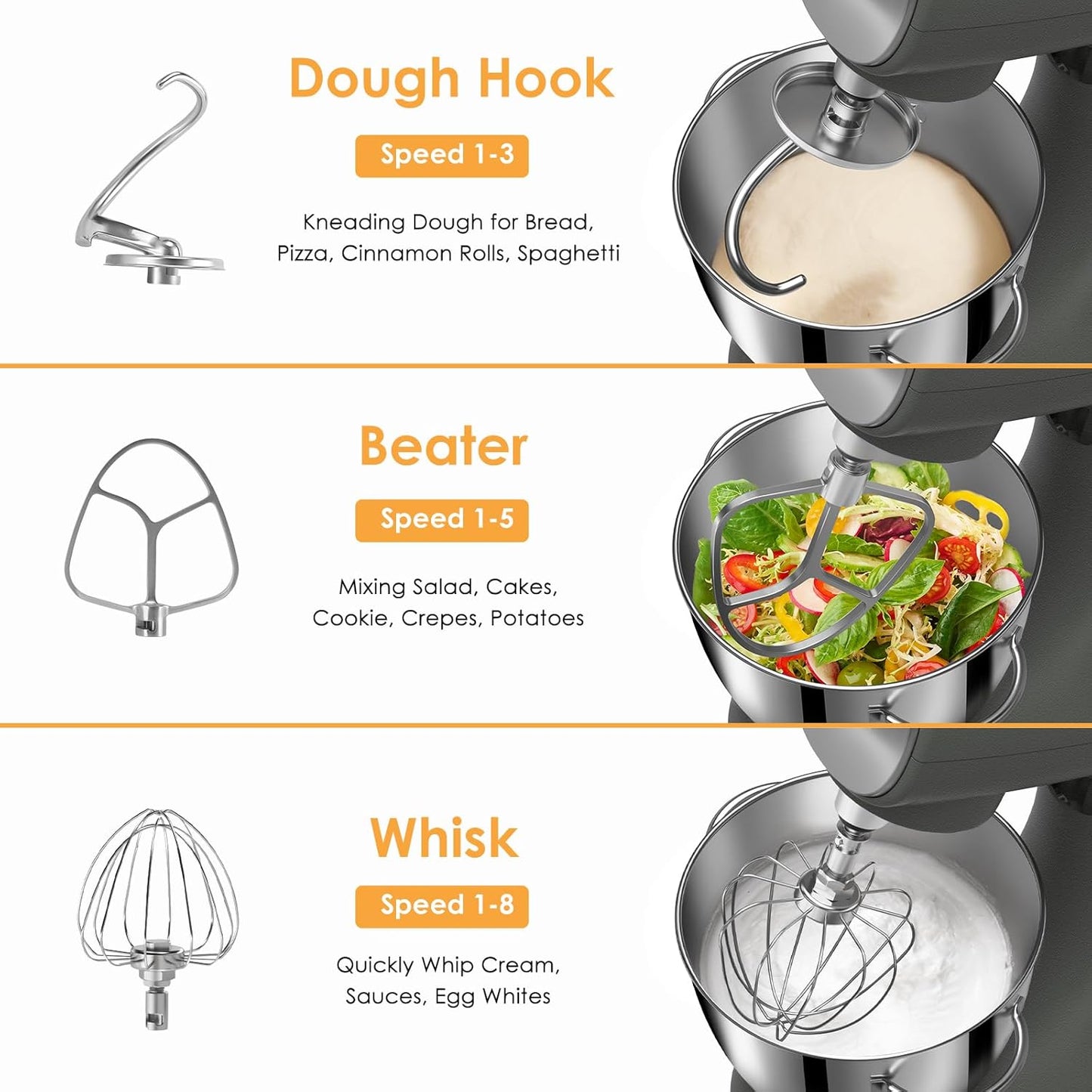 ZACME Mixers Kitchen Electric Stand Mixer 5.5QT 600W, Aluminum die casting and Gears, Dual Cooling System, Low Noise, DC Motor, LED Display and Timing Function, Tilt-head Metal Food Mixer, Grey