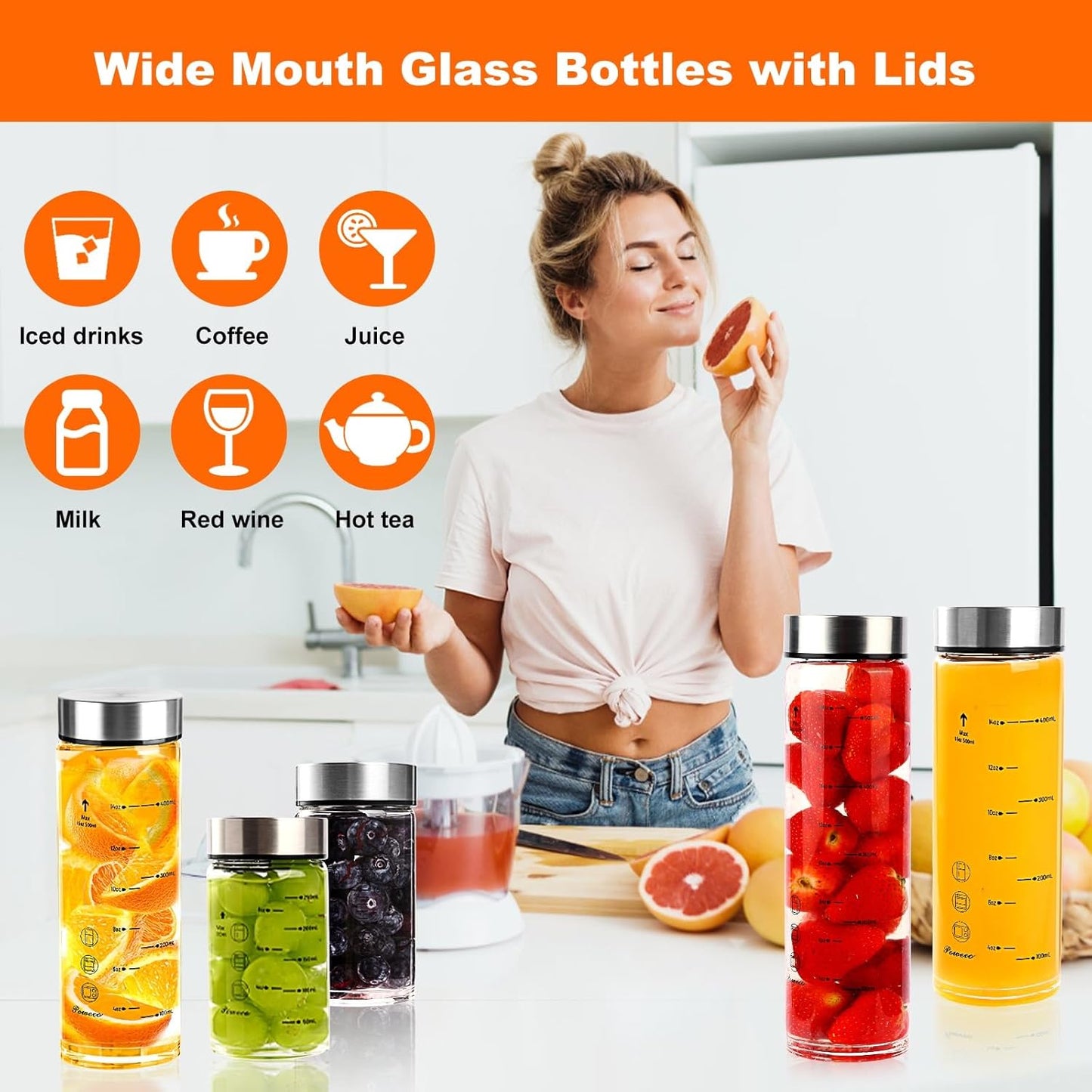 Glass Juice Bottles 6 Pack 12 oz - Wide Mouth Glass Water Bottles with Lids - for Juicing, Protein, Smoothie, Milk, Reusable, BPA Free, Stainless Steel Lids, Blender, Shaker Bottle [12oz/400ml]