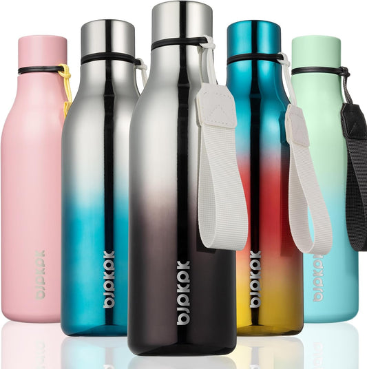 BJPKPK Insulated Water Bottles, 18 oz Stainless Steel Metal Water Bottle with Strap, BPA Free Leak Proof Thermos, Mugs, Flasks, Reusable Water Bottle for Sports & Travel, Silver Miner