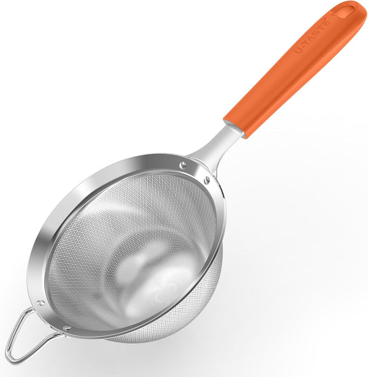 U-Taste Medium Fine Mesh Strainer: 18/8 Stainless Steel 4.73in 30 Mesh Kitchen Food Sieve with Sturdy Riveted Silicone Handle, Heavy Duty Deep Handheld Metal Colander for Rice, Quinoa, Flour (Orange)