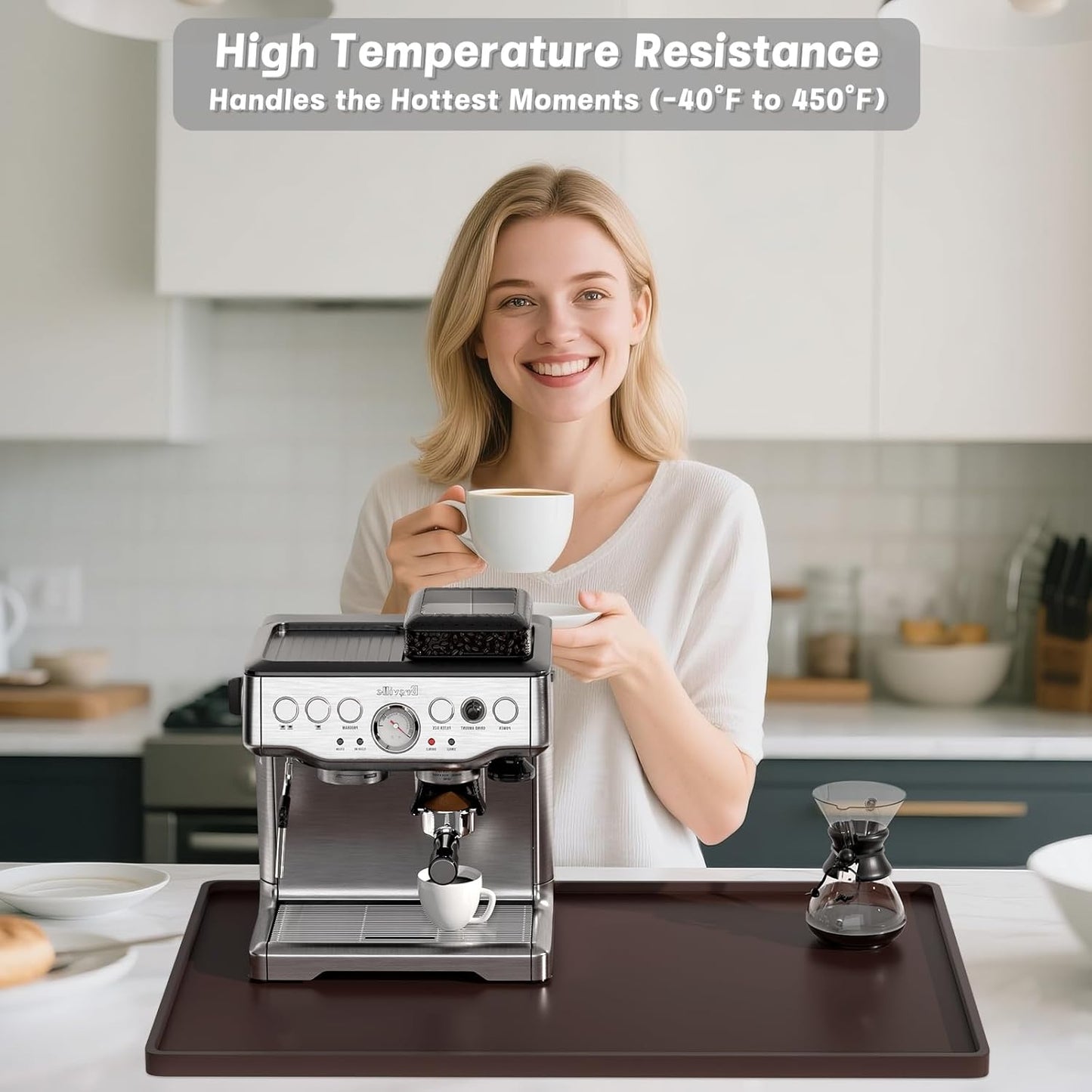 Rnivvi Silicone Coffee Mat, 16" x 24" Waterproof Raised Edge Coffee Bar Mats for Espresso Machine Station Accessories, Heat Resistant Dish Drying Pad for Kitchen Counter, Rubber Bar Decor Pad, Brown