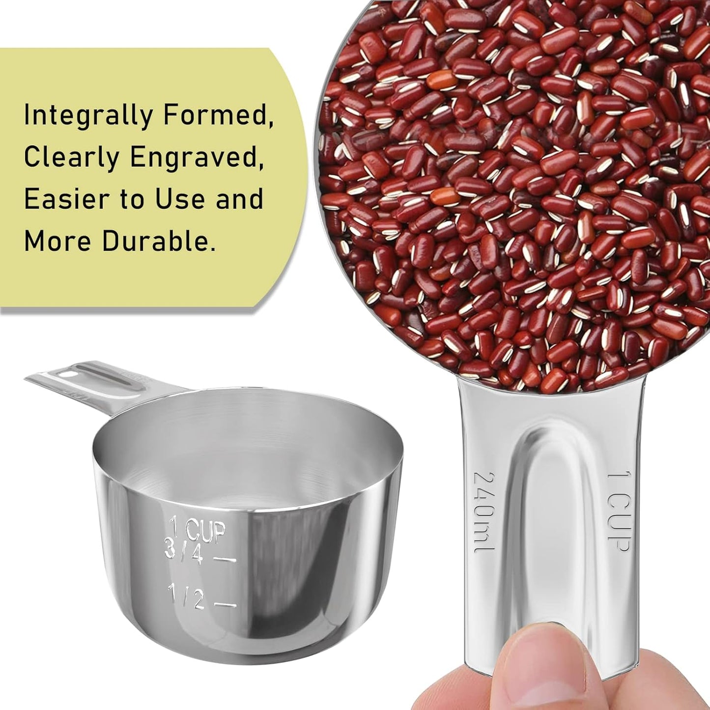 2PCS 1Cup (240ml, 8oz) Single Measuring Cup, Stainless Steel Measure Scoop, Metric and US Measurement, Dishwasher Safe