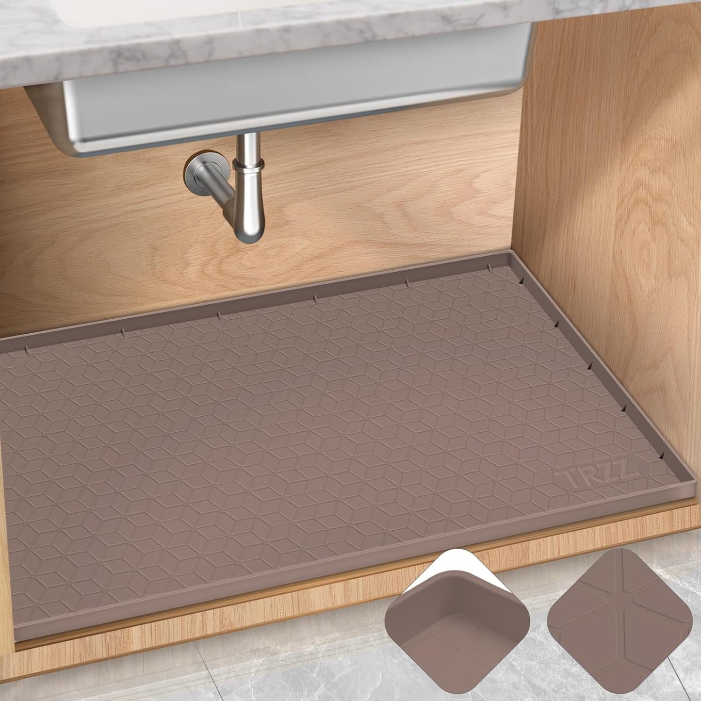 TRZZ Silicone Waterproof Under Sink Mat 34" x 19", Drip Tray and Cabinet Liner for Kitchen and Bathroom, Prevents Water Damage and Organizes Cabinets (Brown)