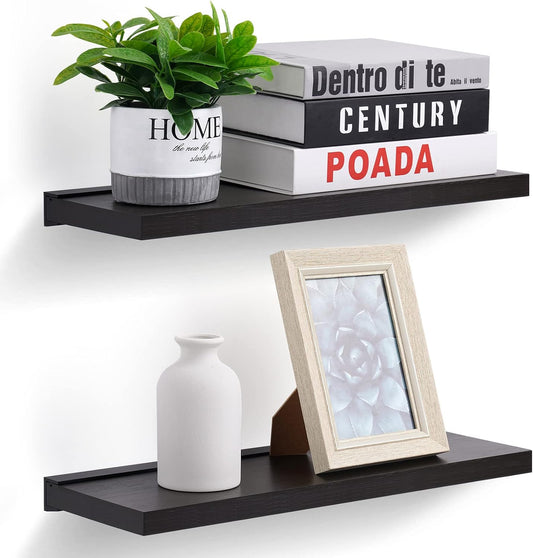 Meangood Floating Shelves Black 17 inch Wall Mounted Natural Bamboo Wood Wall Storage Shelves for Bedroom,Living Room,Bathroom, Kitchen（Set of 2）