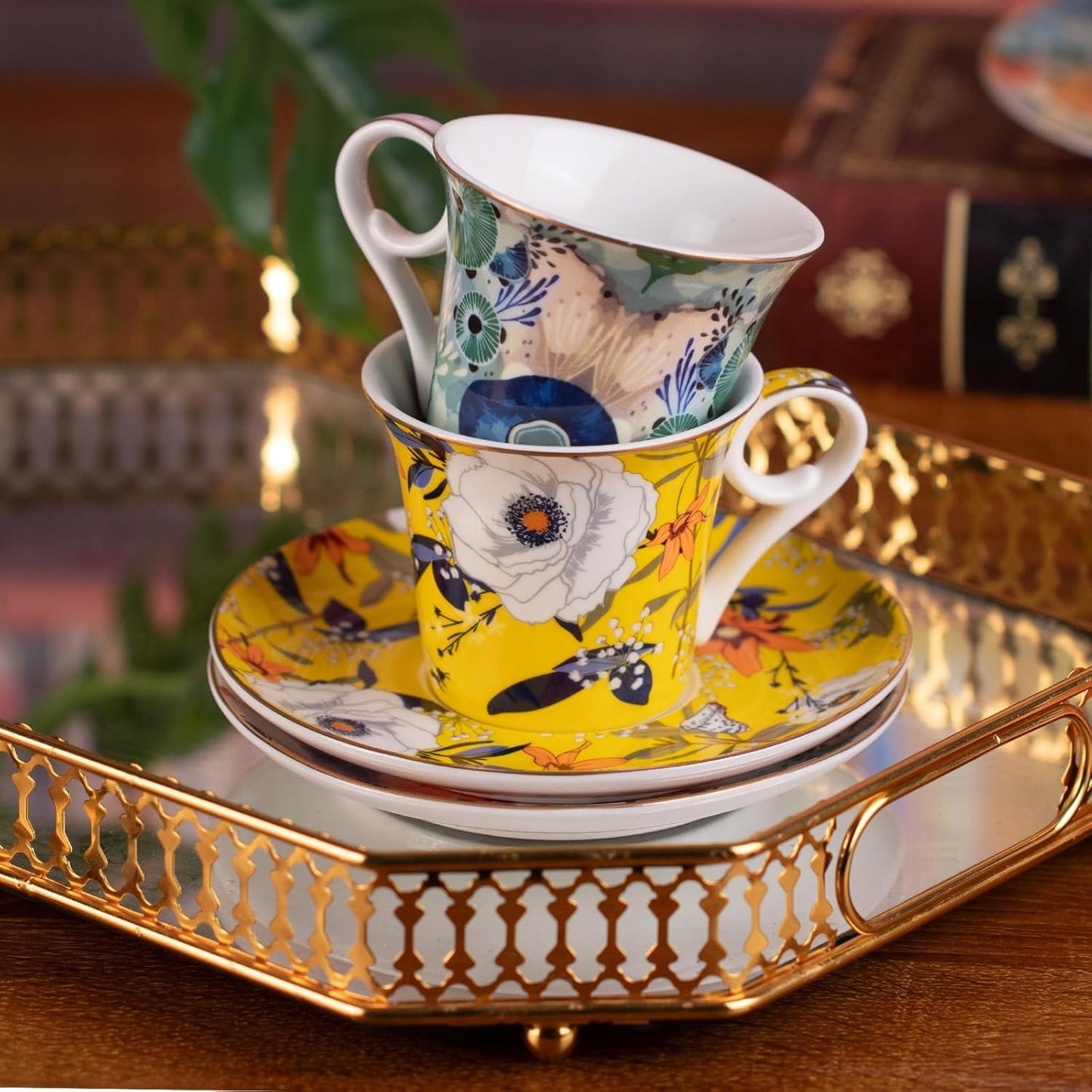 KAMMAK Tea Cups and Saucers Set of 2, Reinforced Porcelain Coffee Cups, 5.7-Ounce Stackable Espresso Mugs, Ceramic Demitasse for Coffee, Cappuccino, Latte, Americano, Tea, Coral + Bee Flower