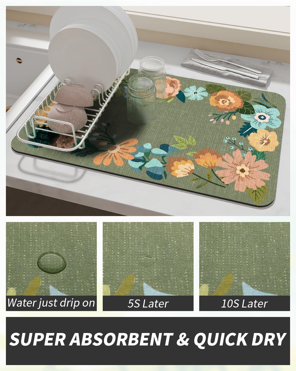 AMOAMI Coffee Mat Hide Stain Rubber Backed Absorbent Dish Drying Mat for Kitchen Counter - Fits Under Coffee Maker or Machine - Floral GREEN 17x31.5