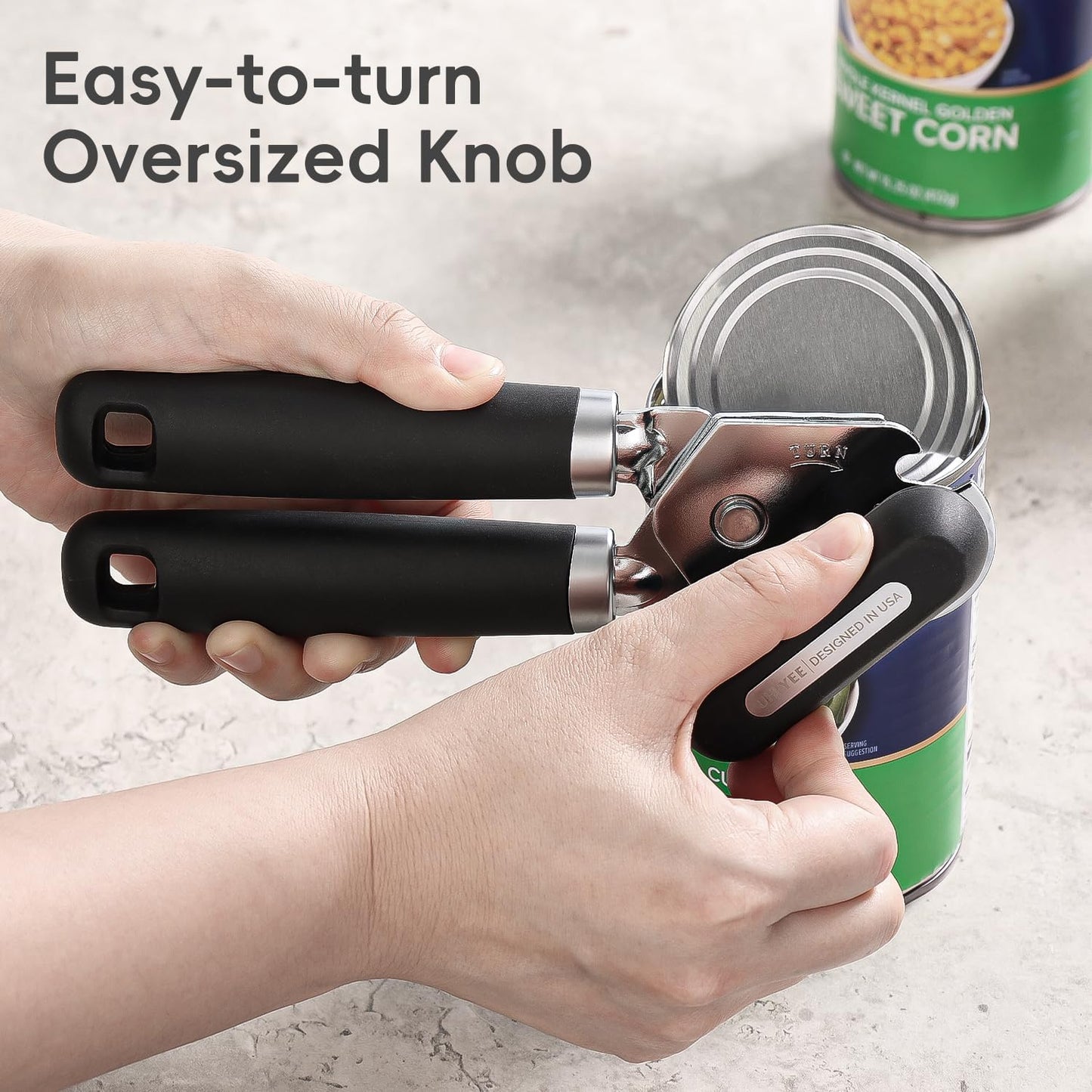 Can Opener Manual, UHIYEE Hand Held Manual Can Openers Heavy Duty with Smoother Cut Sharp Blade, Manual Hand Can Open with Soft Handle, Easy to Turn Knob, Magnetic Lid Lifter, Black