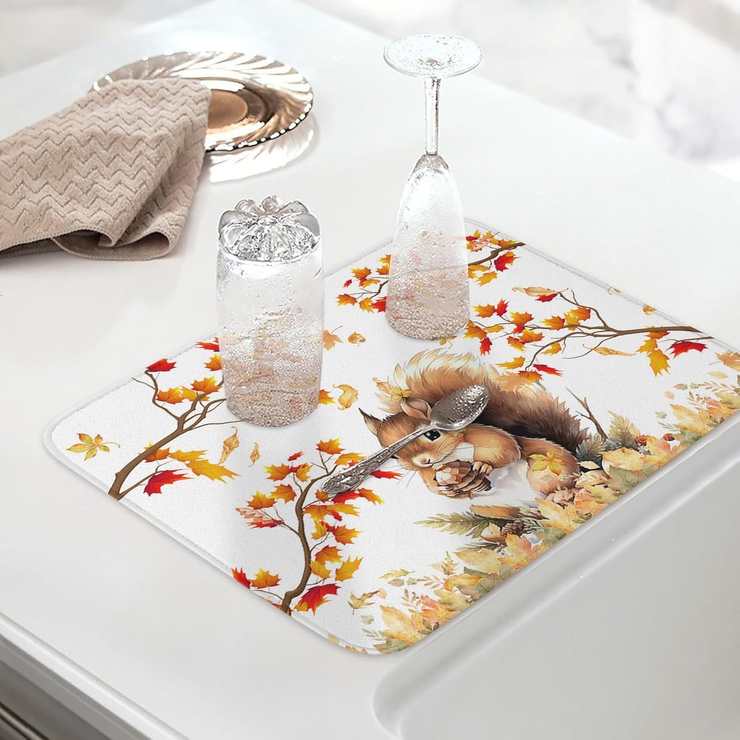 Fall Dish Drying Mat for Kitchen Counter Squirrel Drying Pad Absorbent Drying Mats for Countertops Sinks Draining Racks Pine Cone Autumn Maple Leaves Drainer Holiday Harvest Thanksgiving Decor 18x24