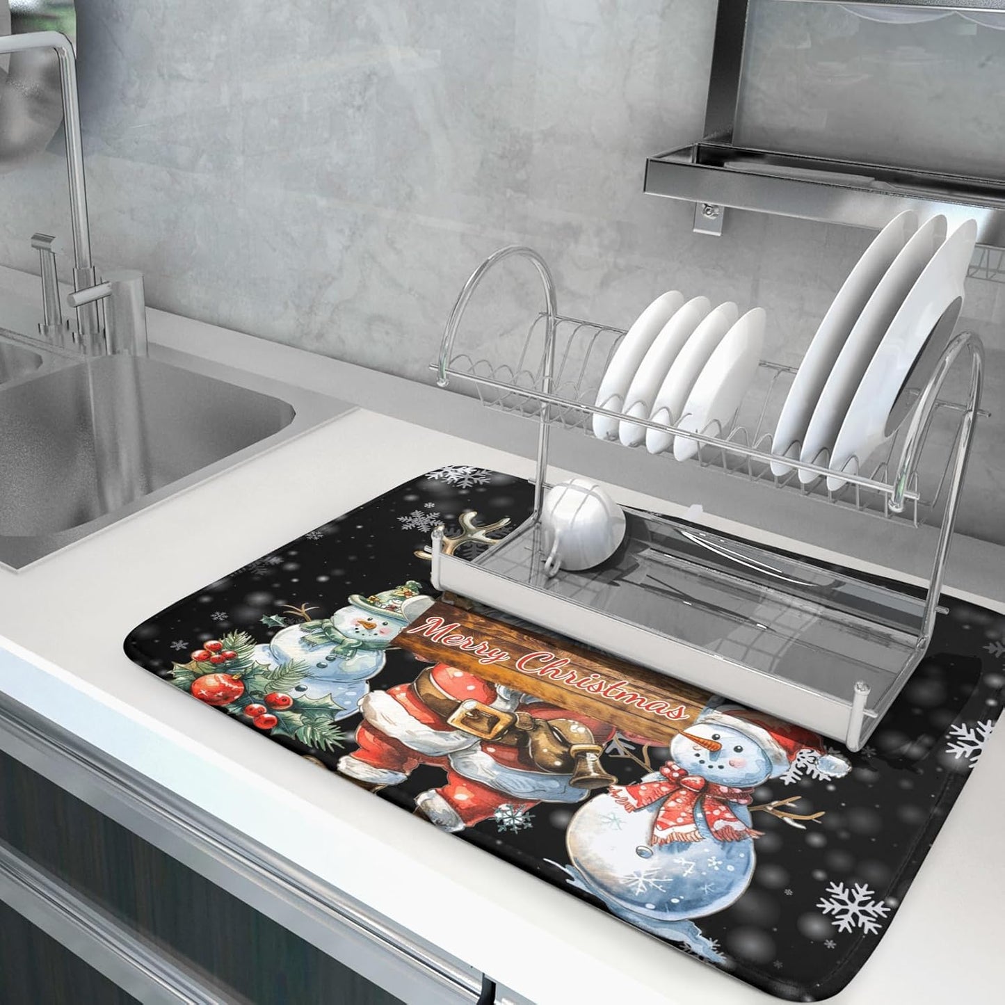 Christmas Santa Snowman Dish Drying Mat 18x24 Inch Winter Xmas Snowmen Santa Drying Mat Absorbent Drainer Pad for Kitchen Counter Christmas Tableware Mats Protector for Black Home Kitchen Accessories