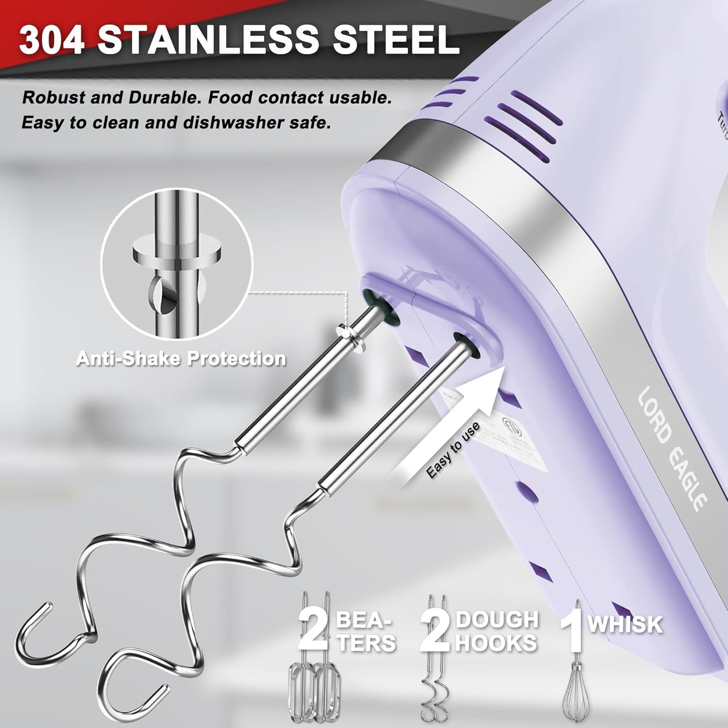 Lord Eagle Hand Mixer Electric 400W, 5 Speed handheld Mixer, 5 Stainless Steel Accessories for Baking Cake Egg Cream Food Beater, Turbo Boost/Self-Control Speed + Eject Button