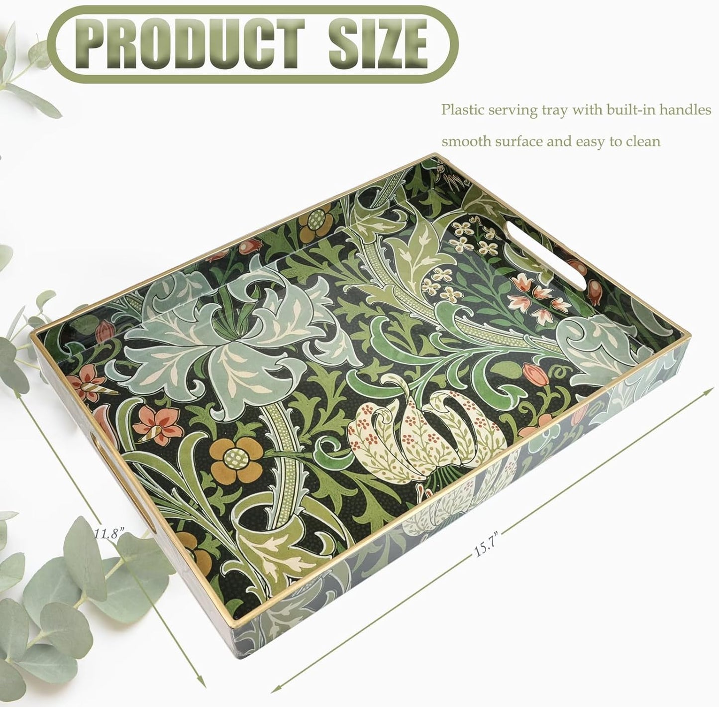 Spsyrine Serving Tray with Handles, Plastic Decorative Tray for Coffee Table, Living Room, Home Decor, Golden Lily