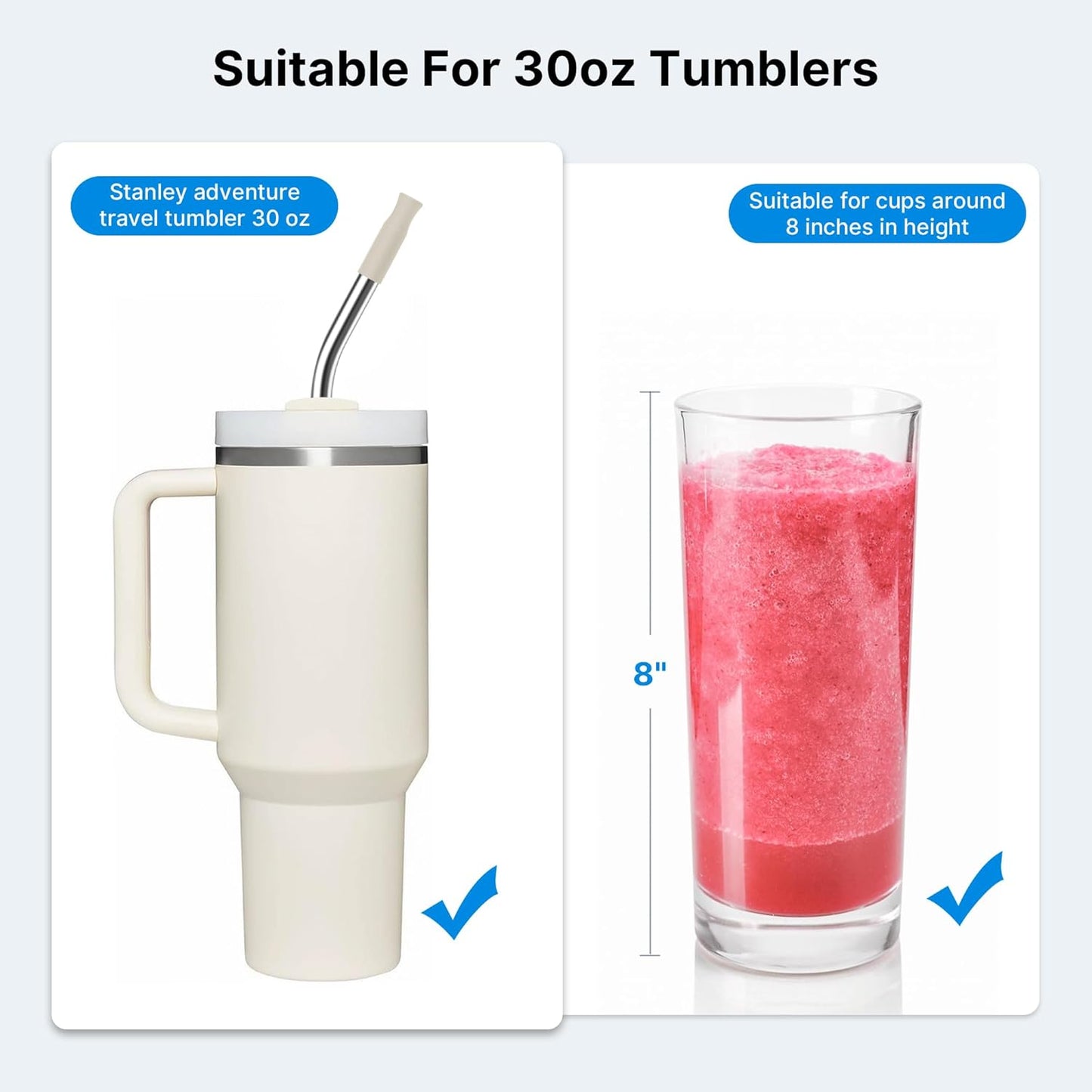 Repeatable Metal Straw with Silicone Tips for 40 oz Stanley Tumbler, 2 Pcs 40 oz Stainless Steel Straws Replacement for Stanley Tumbler, 1 Straw Brush, BPA Free（Cream Grey）