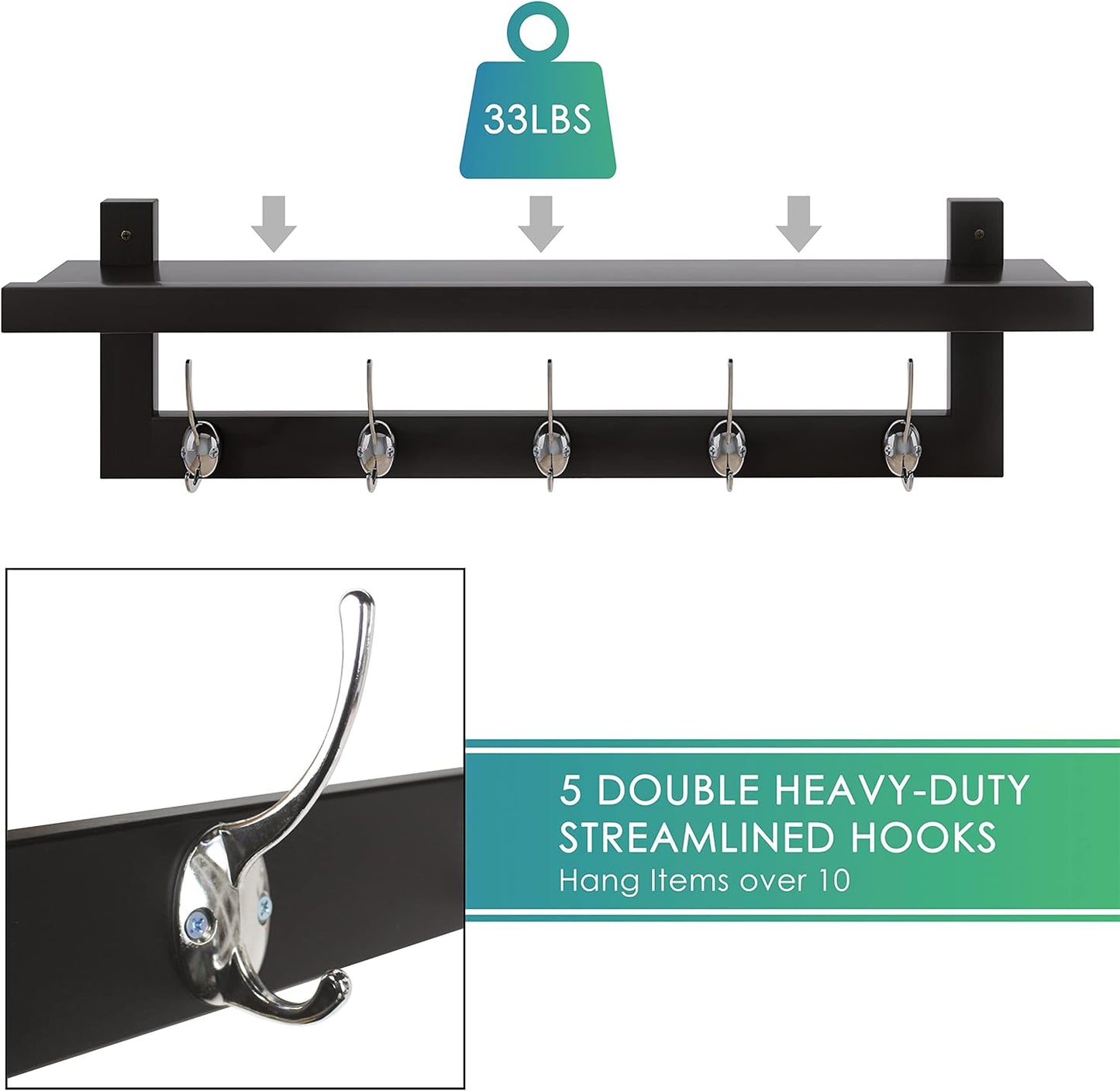 SMIBUY Coat Hooks with Shelf Wall-Mounted, 29.2 Inch Entryway Coat Rack for Wall, Bamboo Hanging Shelf with 5 Double Metal Hooks for Bathroom, Bedroom, Kitchen, Living Room, Mudroom (Black+Silver)