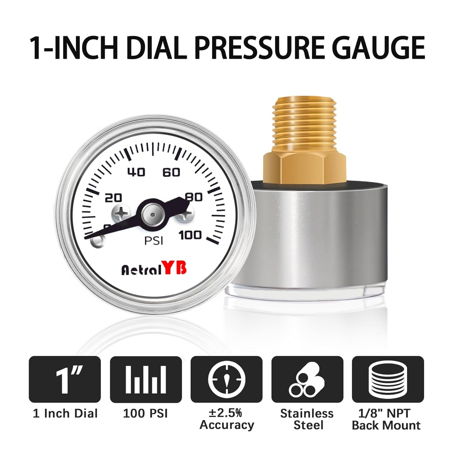 1 Inch mini Pressure Gauge, 0-100 Psi Air Gauge, Stainless Steel Case, 1/8" NPT Back Mount, Psi Coffee Machine Pressure Gauge for Water Pumps, Air Compressors