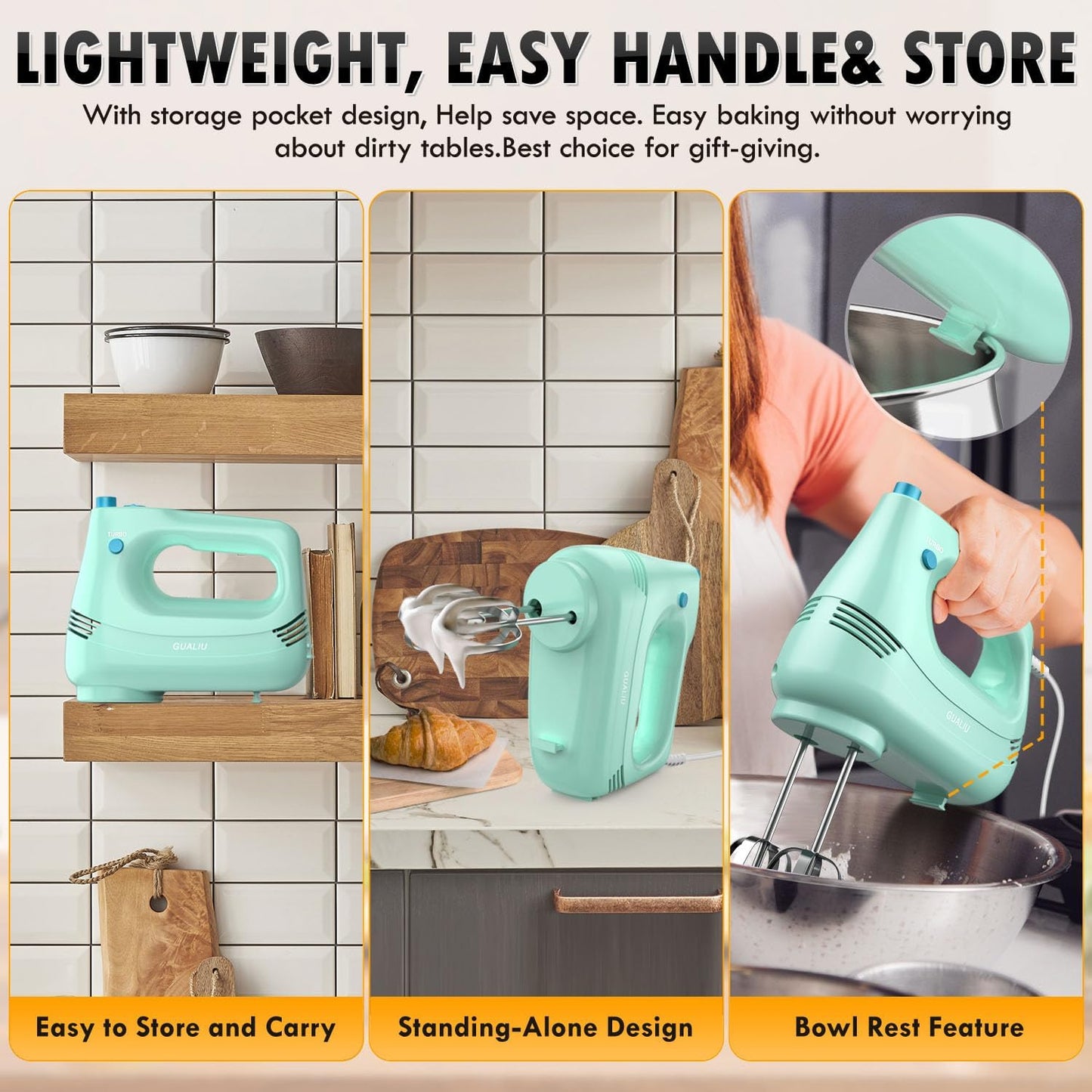 Electric Hand Mixer with Stainless Steel Whisk, Dough Hook Attachment and Storage Bag, Handheld Mixer for Baking Cakes, Eggs, Cream Food Mixers. Turbo Boost /5 Speed Kitchen Blender GREEN